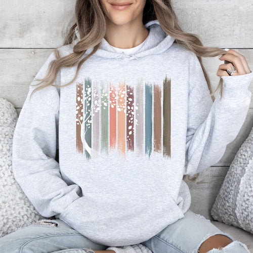 Botanical Stripes Tree Nature Scene Illustration Garden Leaves Forest Abstract Floral Print Hoodie