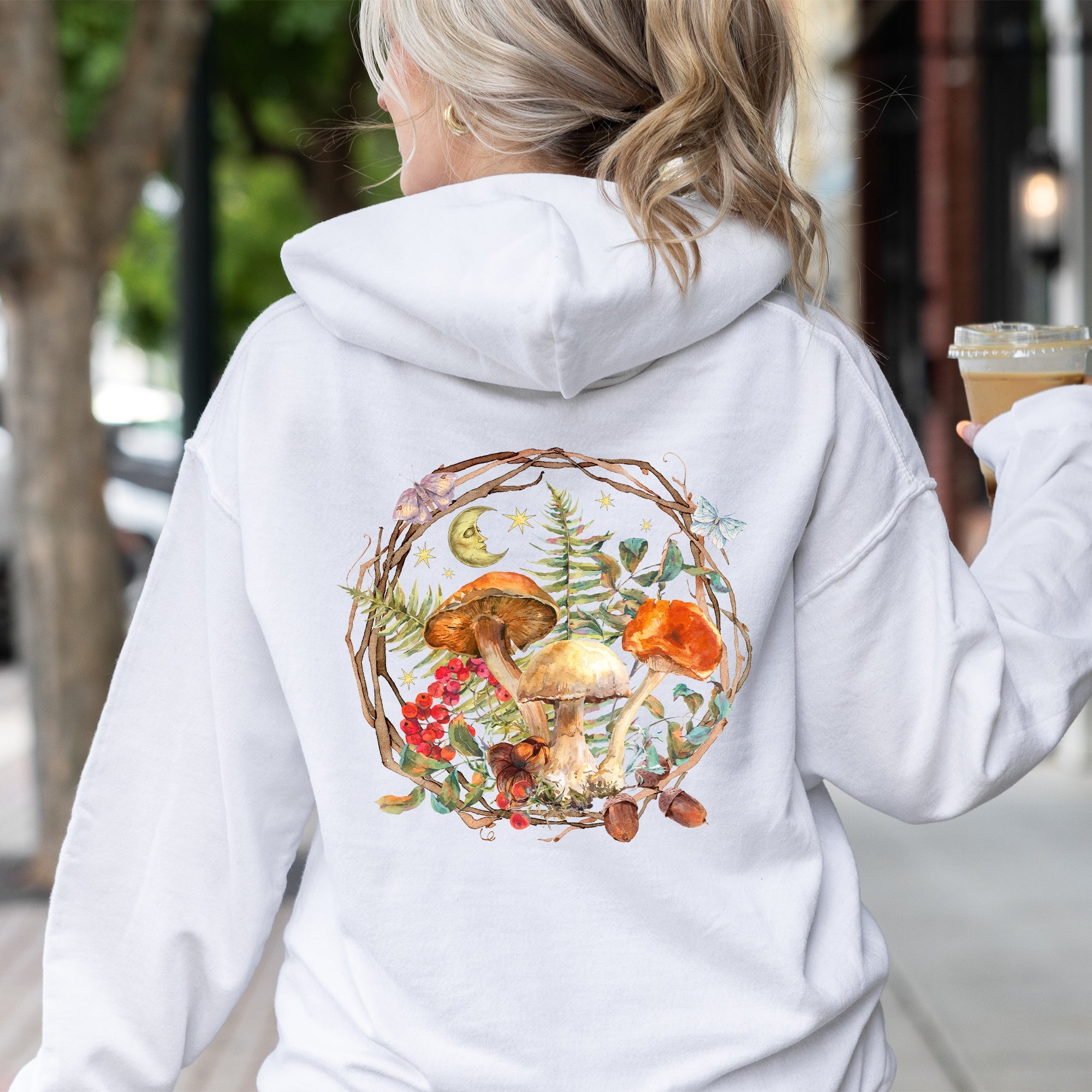 Moon, Moth And Mushrooms, Nature, Forest, Cottage Hoodie
