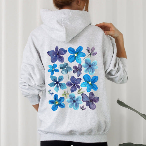 Bold Floral Blues Pressed Flowers Nature Garden Sunset Motif Reimagined Vintage Graphics Hoodie