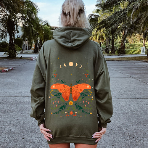 Celestial Garden Tale Moth Moon And Flowers Dreamscape Illustration Botanical Artwork Hoodie