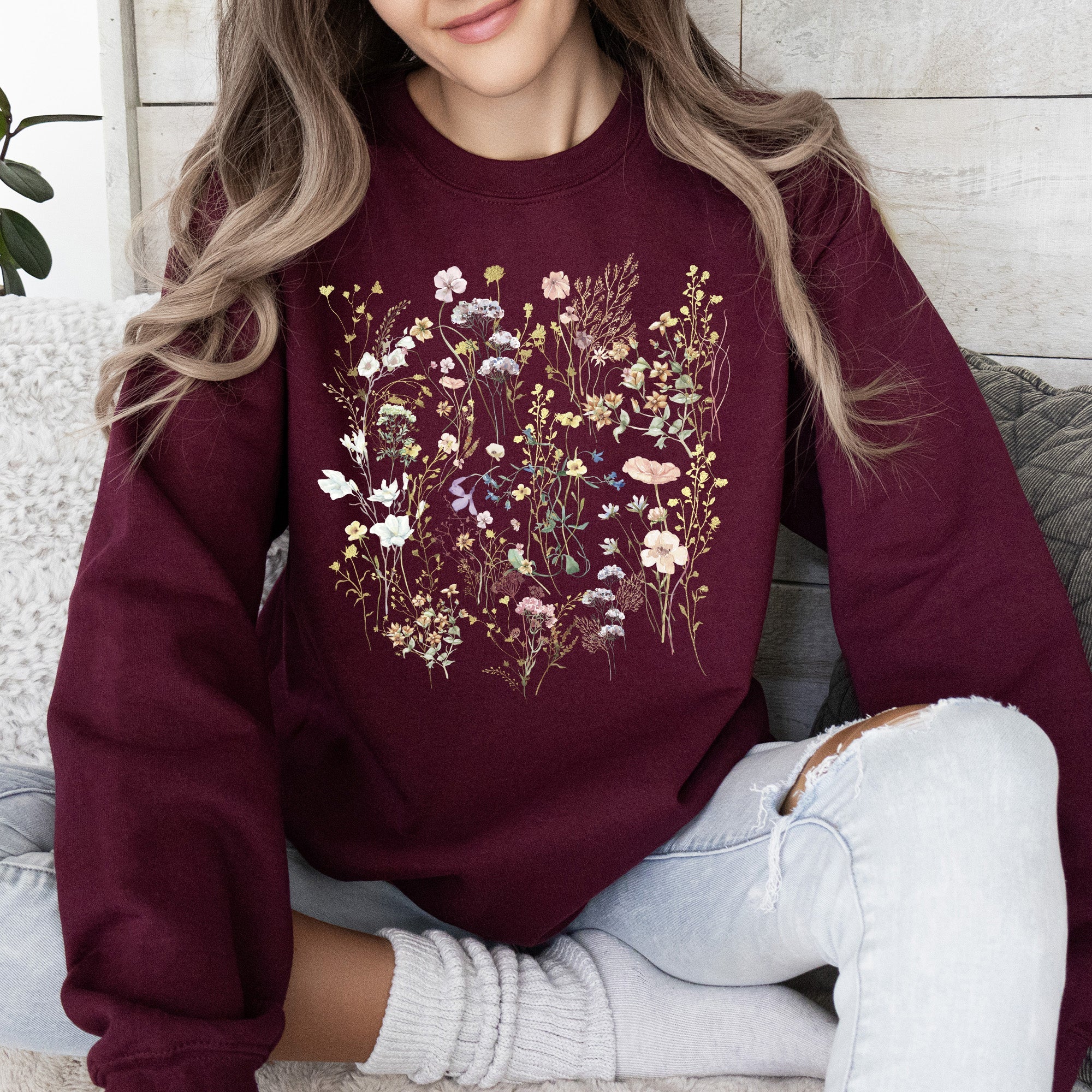 Mountain Pressed Wildflowers Botanical Mountain Range Print Cozy Weekend Sweatshirt