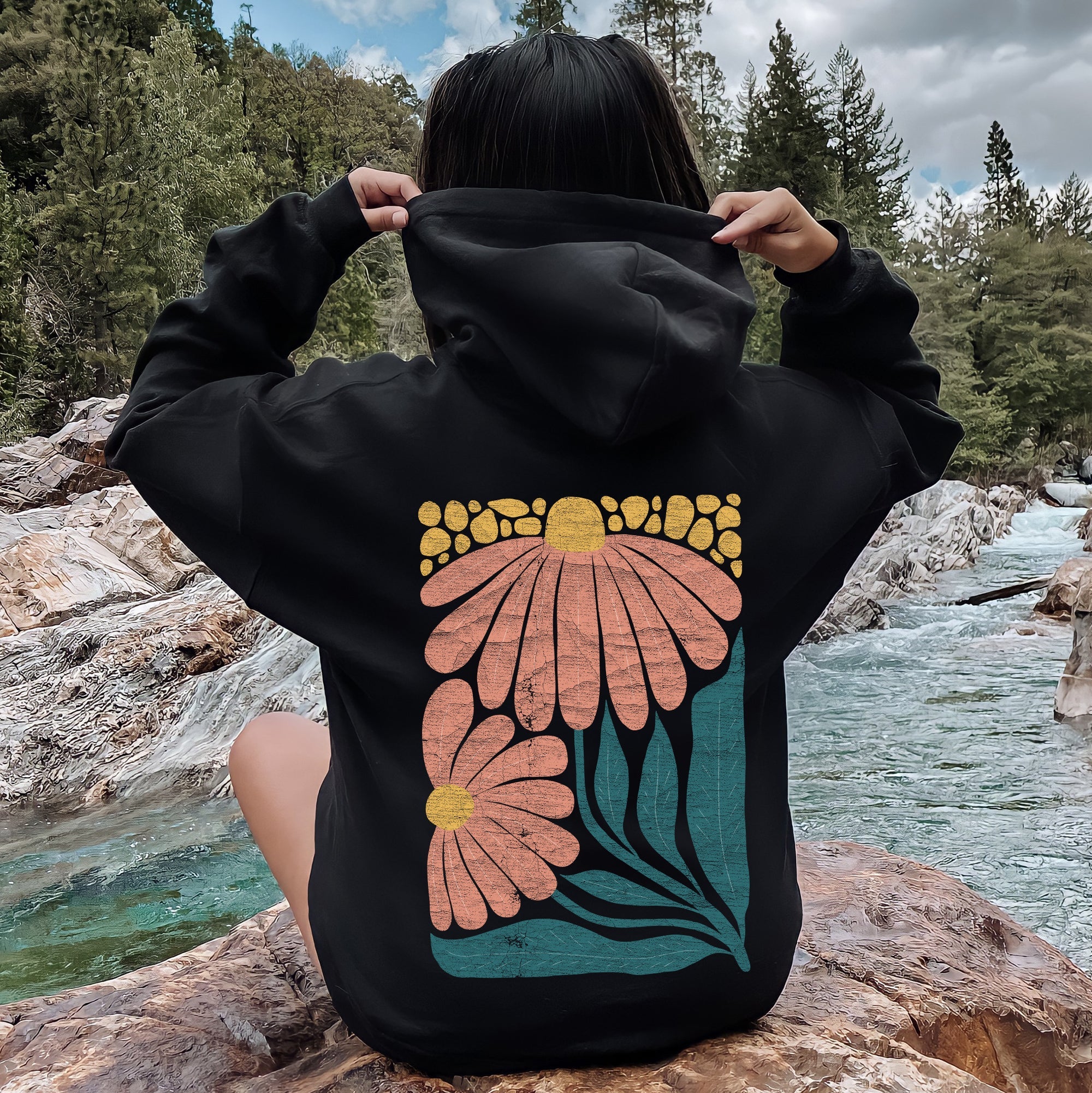 Colorful Daisies Art Nouveau Floral Design Decorative Botanical Illustration Hoodie