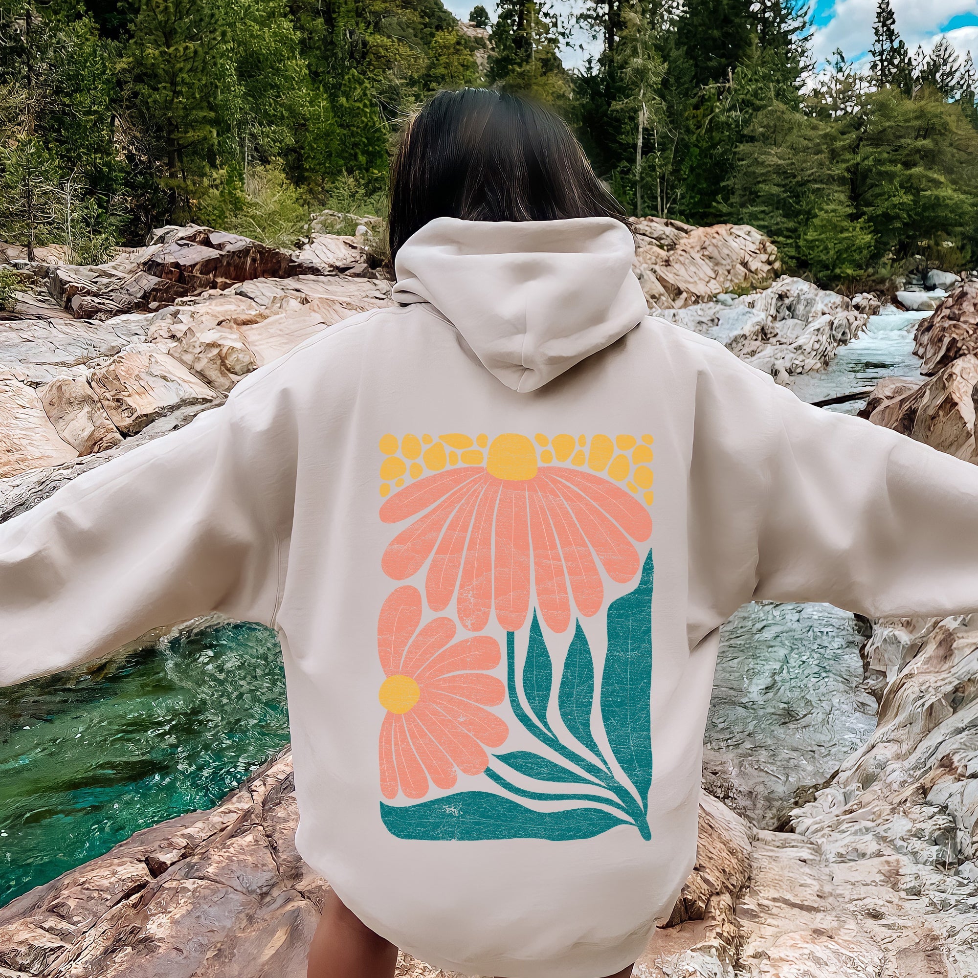 Colorful Daisies Art Nouveau Floral Design Decorative Botanical Illustration Hoodie