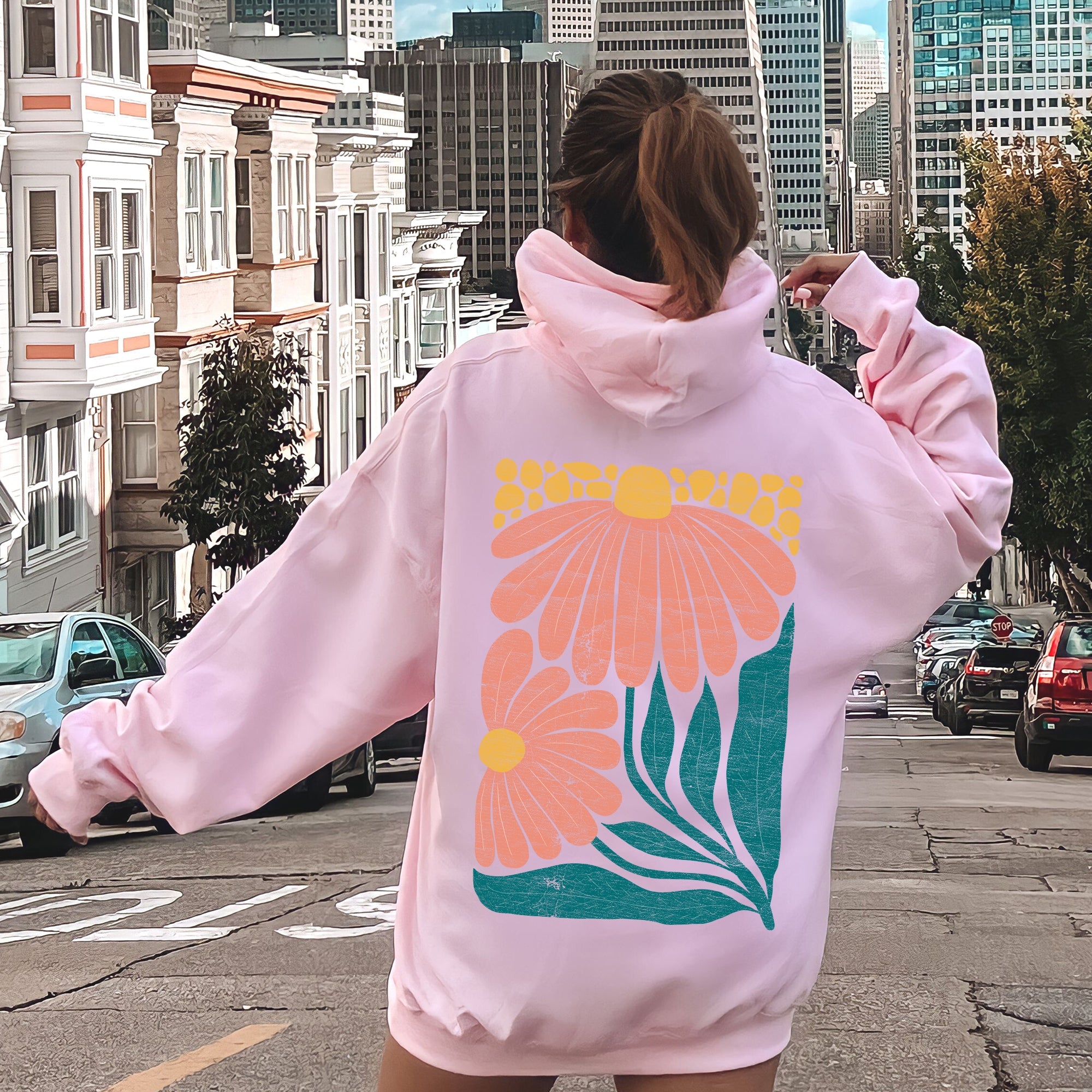 Colorful Daisies Art Nouveau Floral Design Decorative Botanical Illustration Hoodie