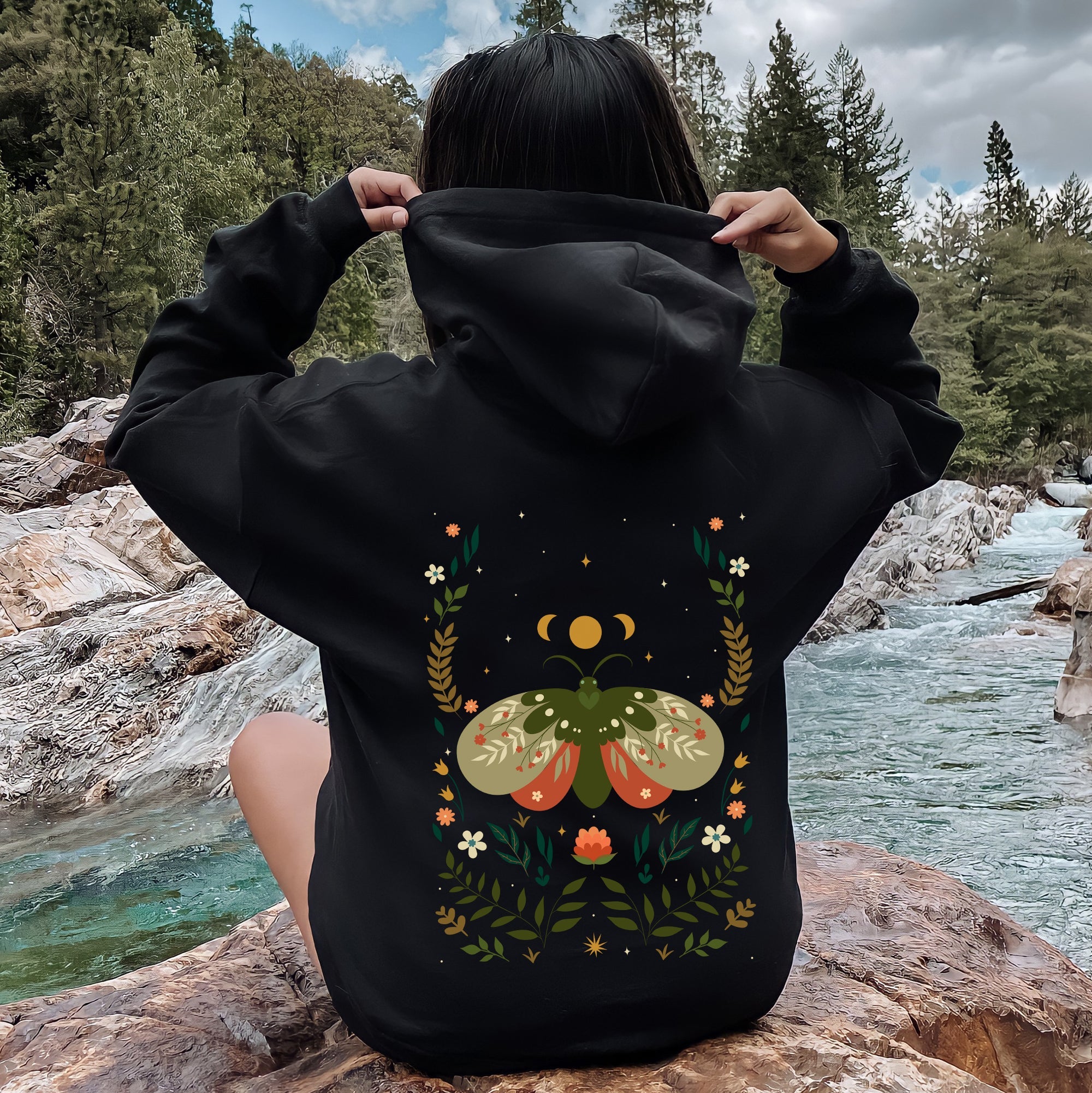 Midnight Garden Dance Moth Moon And Floral Print Celestial Night Garden Illustration Hoodie