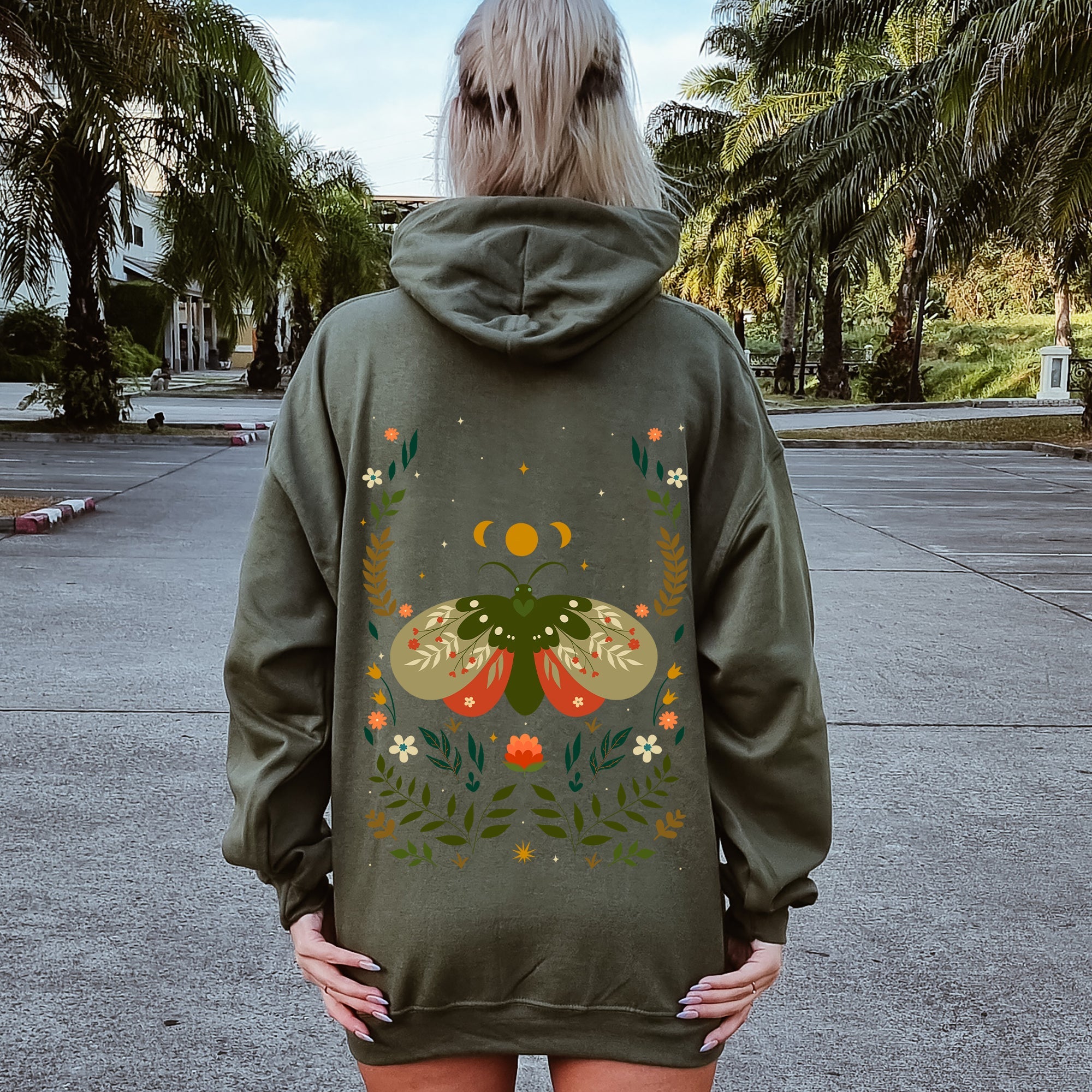 Midnight Garden Dance Moth Moon And Floral Print Celestial Night Garden Illustration Hoodie