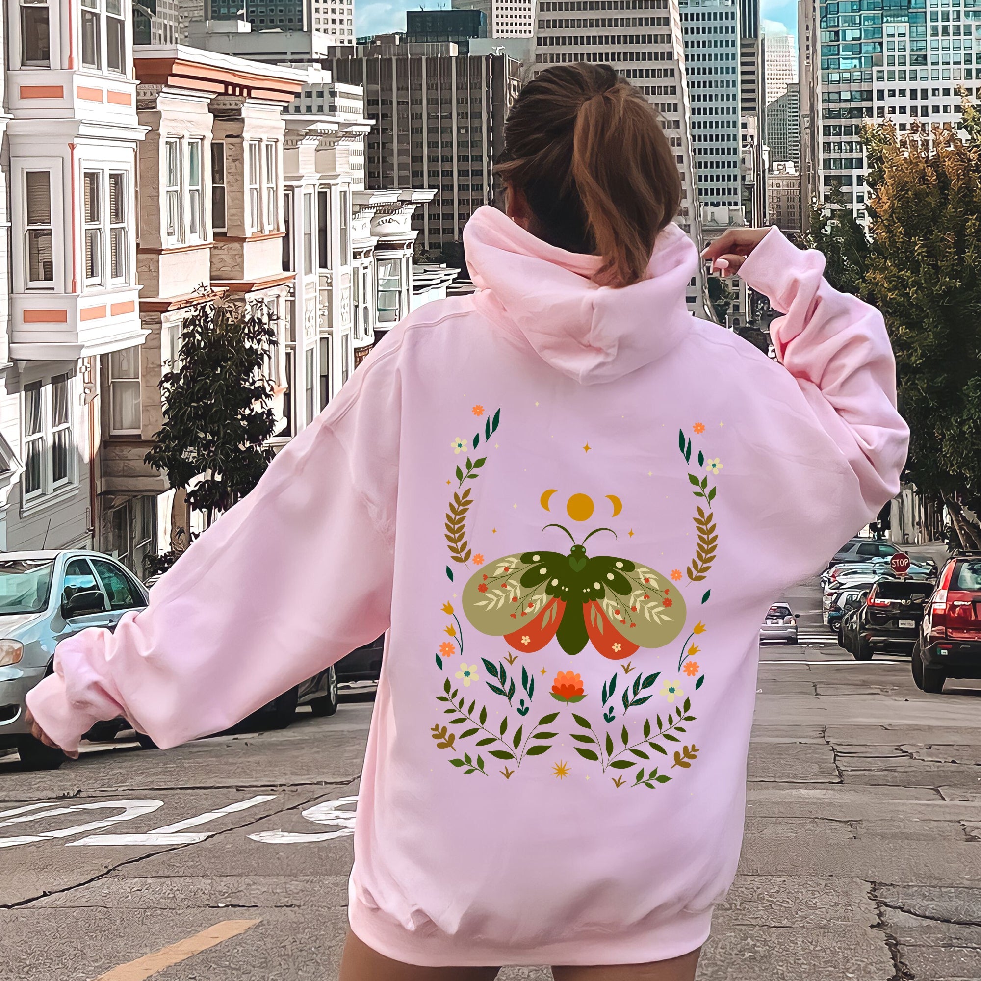 Midnight Garden Dance Moth Moon And Floral Print Celestial Night Garden Illustration Hoodie