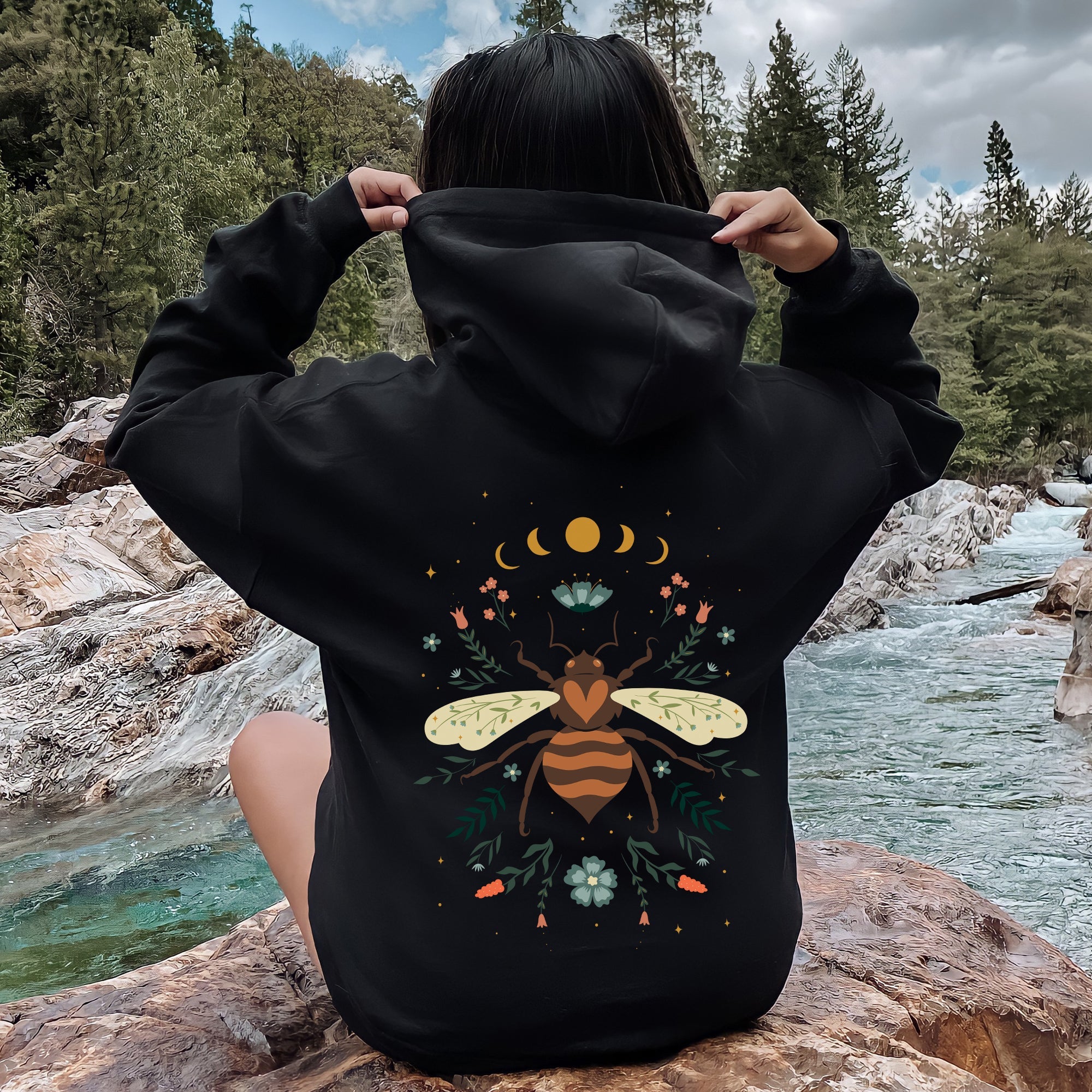Honey Bee Forest Moon Botanical Design Nature Inspired Elegant Floral Sketch Night Sky Scene Hoodie
