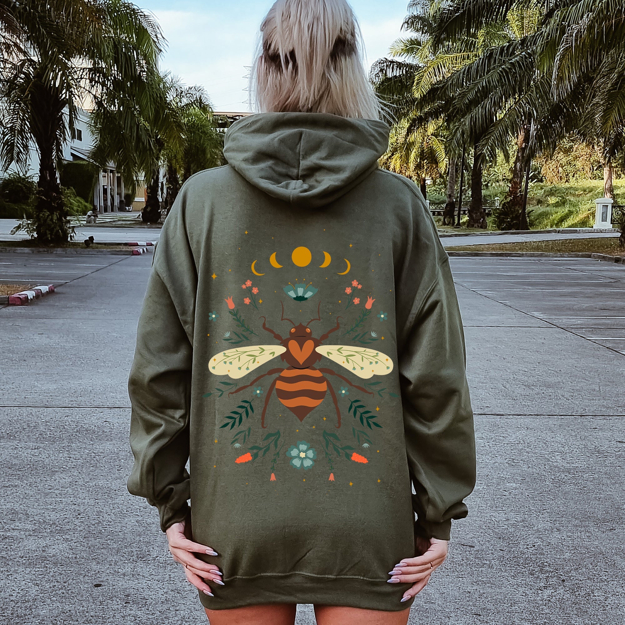 Honey Bee Forest Moon Botanical Design Nature Inspired Elegant Floral Sketch Night Sky Scene Hoodie