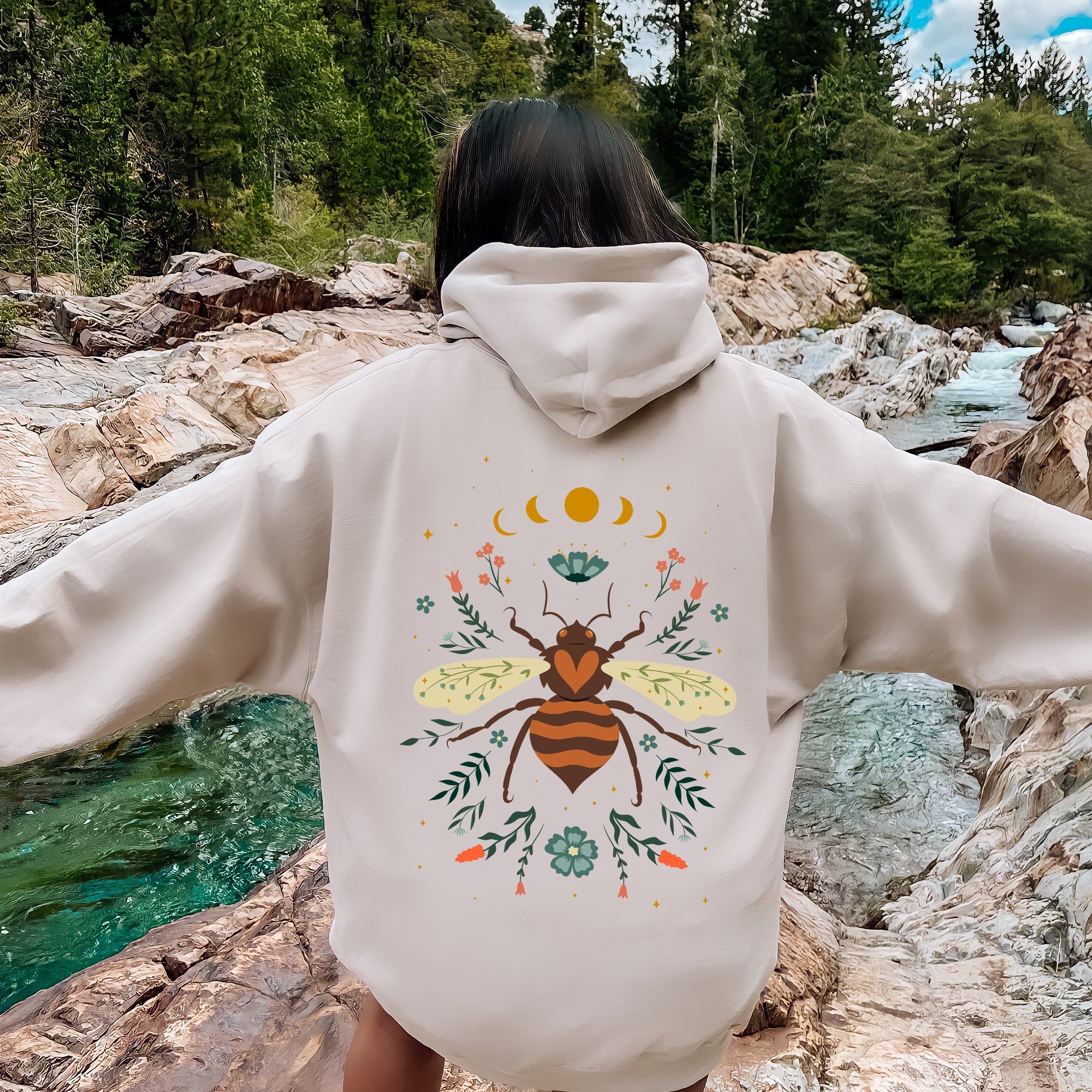 Honey Bee Forest Moon Botanical Design Nature Inspired Elegant Floral Sketch Night Sky Scene Hoodie