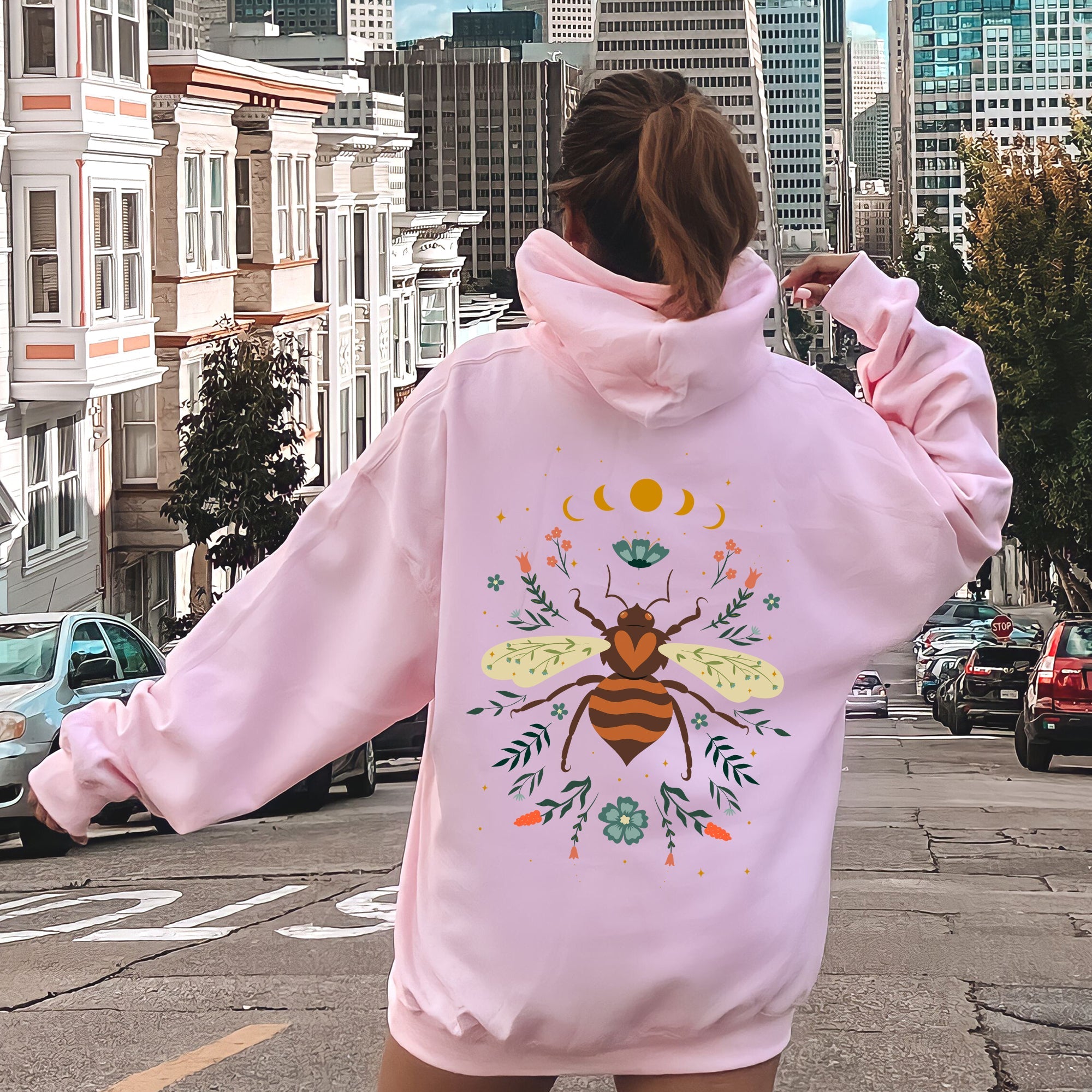 Honey Bee Forest Moon Botanical Design Nature Inspired Elegant Floral Sketch Night Sky Scene Hoodie