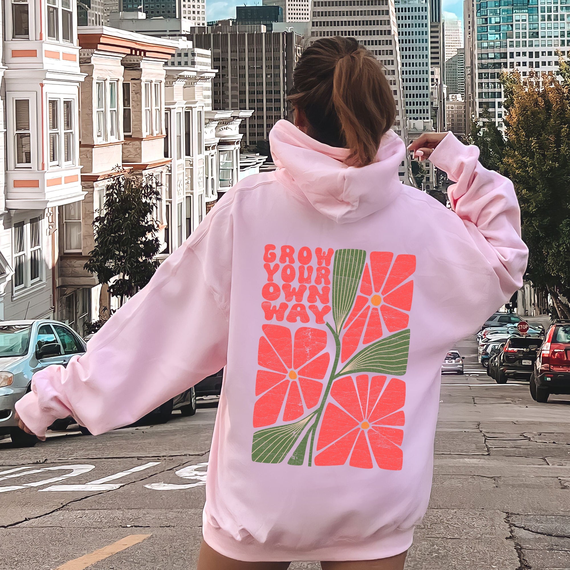 Grow Your Own Way, Retro Flowers Graphic Hoodie