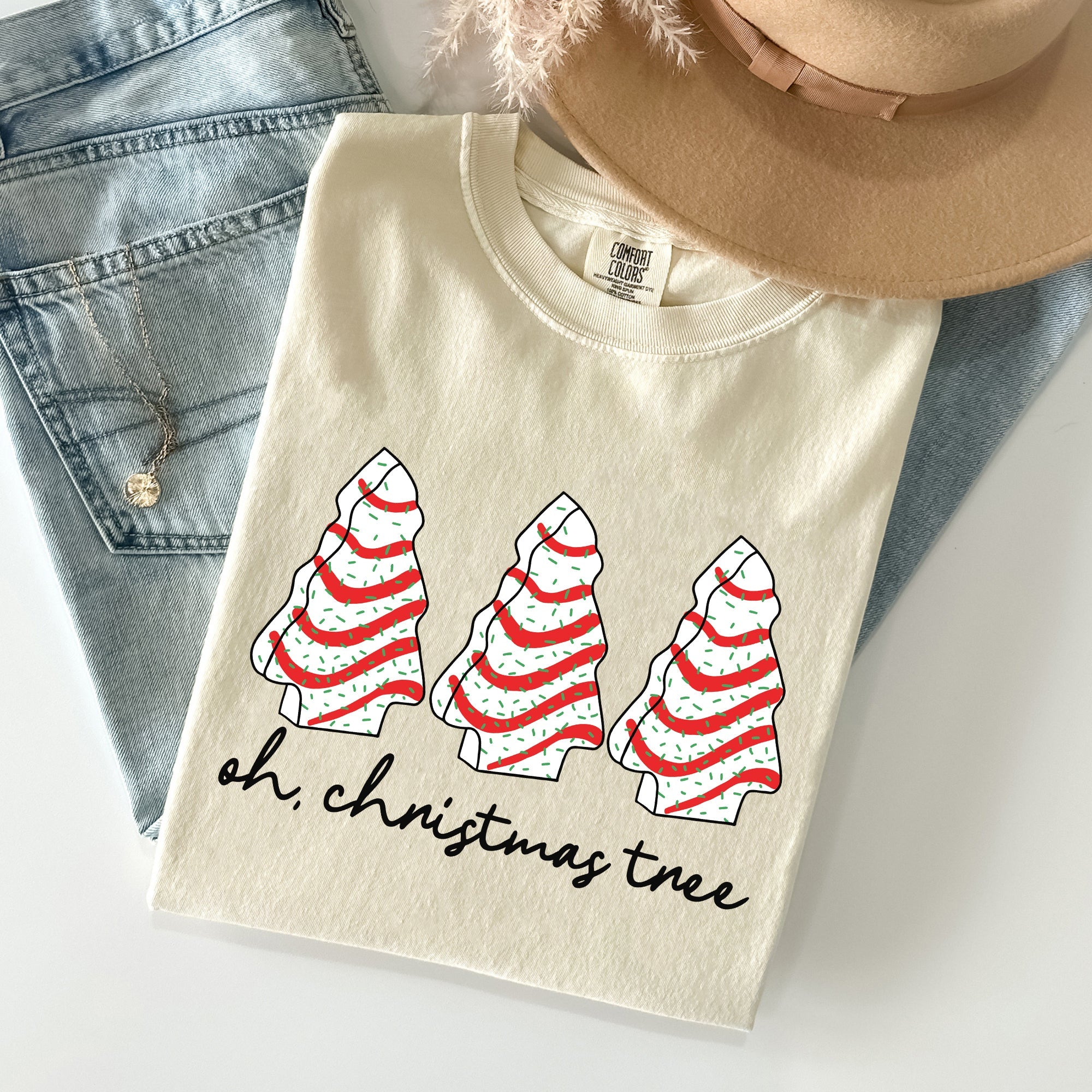 Oh Christmas Tree Cakes Winter Snacks Santa Snow Xmas Holiday Cheer Collection Comfort Colors Tee