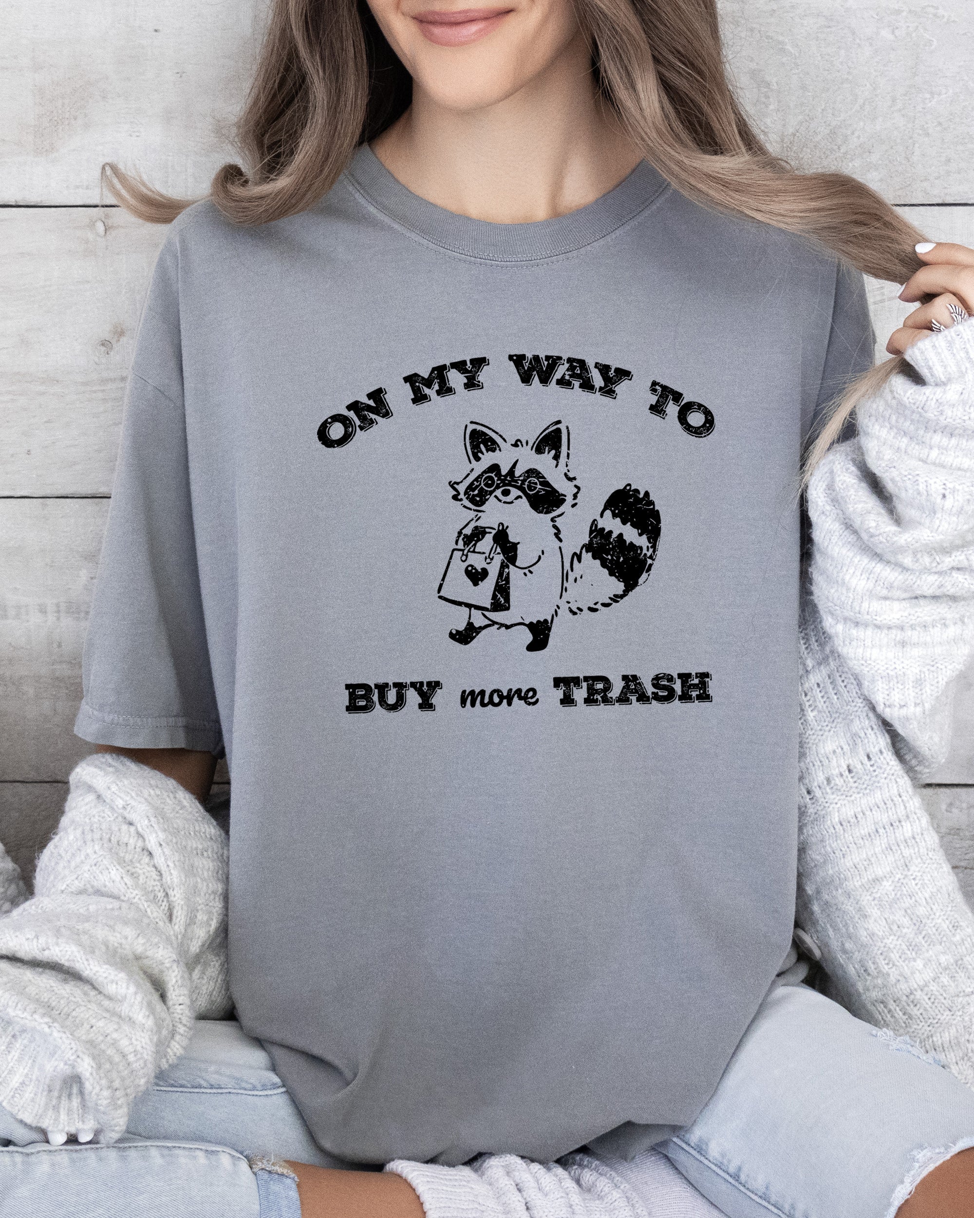 On My Way To Buy More Trash Raccoon Shopping Humorous Quirky Nonsense Comfort Colors Tee