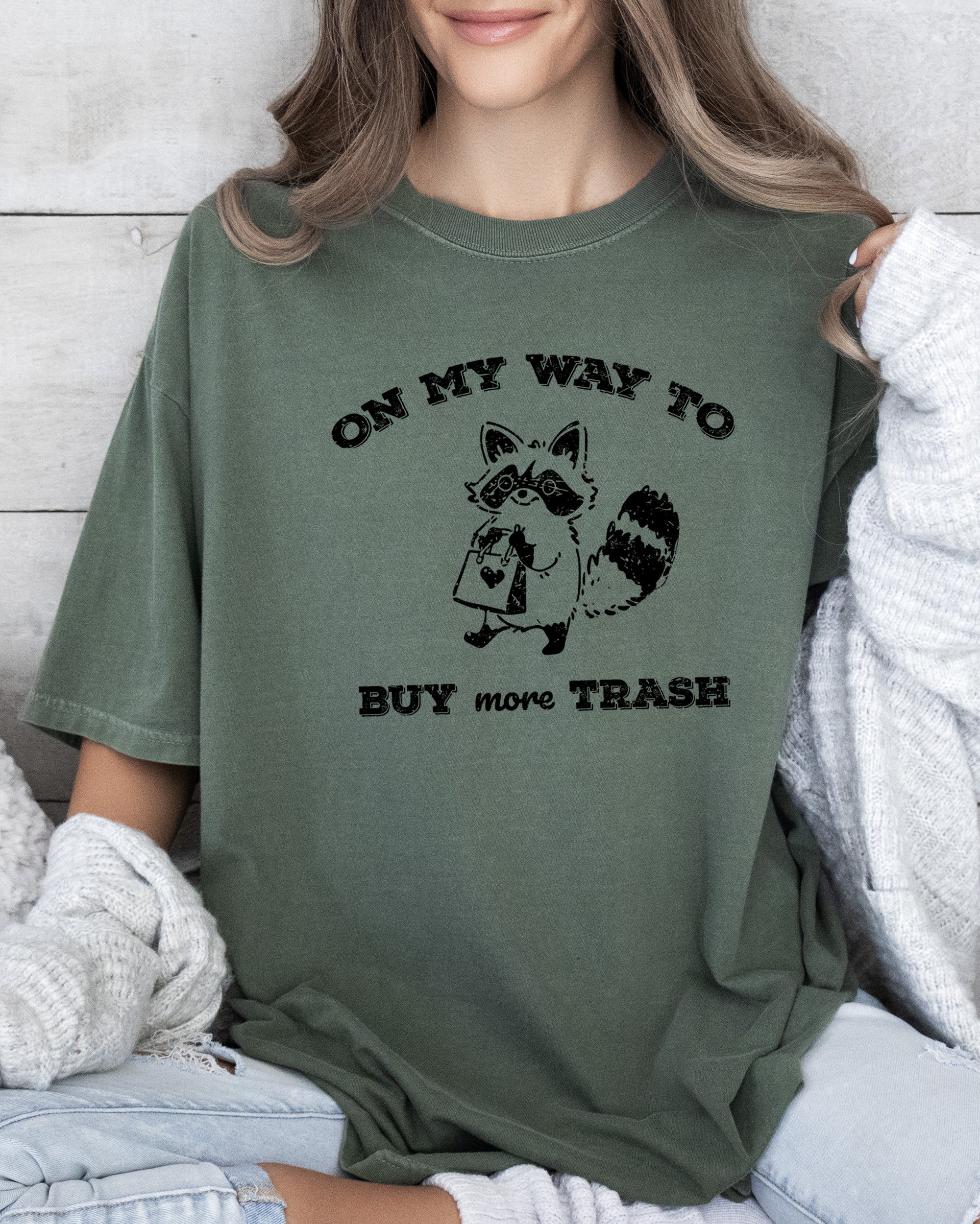 On My Way To Buy More Trash Raccoon Shopping Humorous Quirky Nonsense Comfort Colors Tee