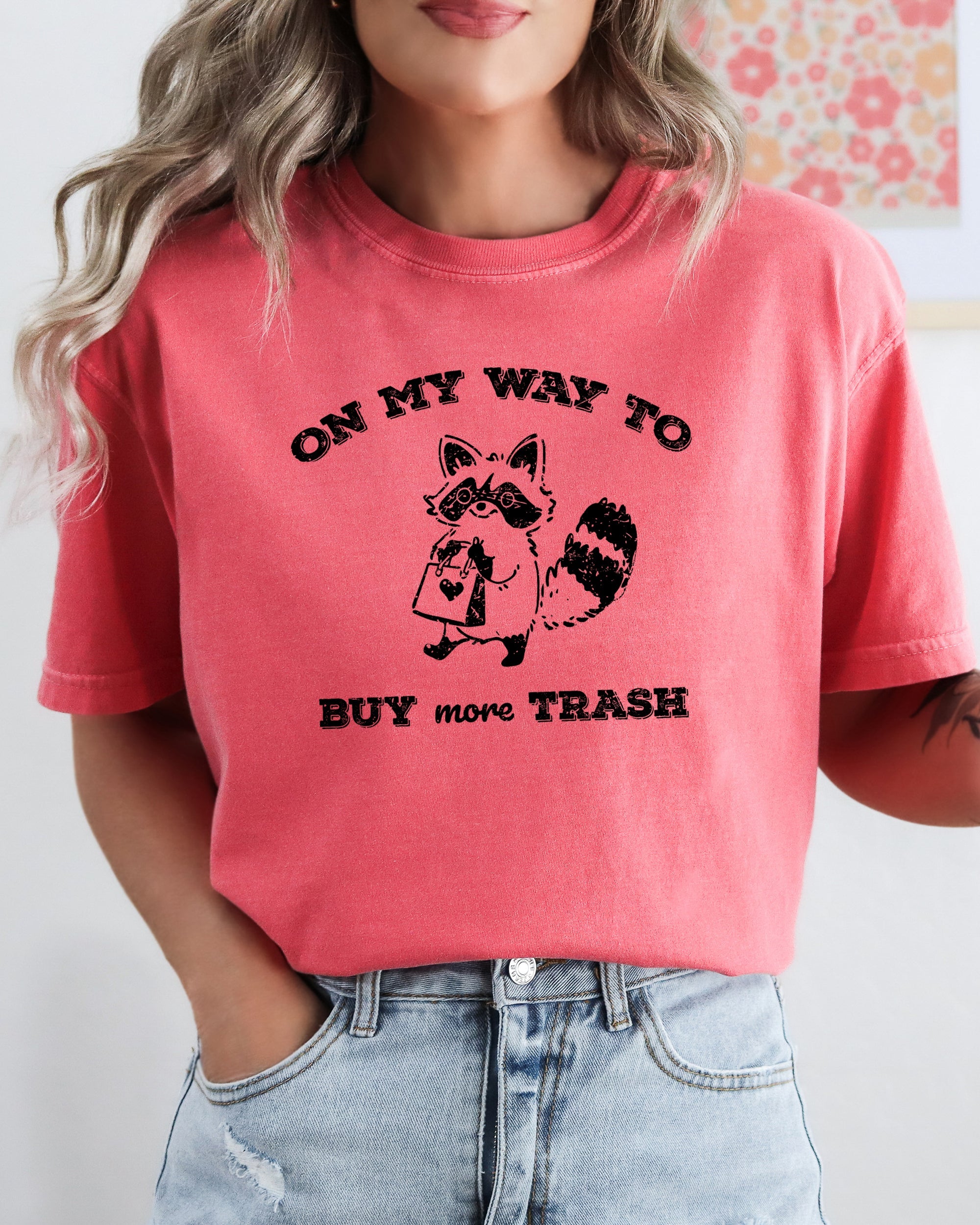 On My Way To Buy More Trash Raccoon Shopping Humorous Quirky Nonsense Comfort Colors Tee