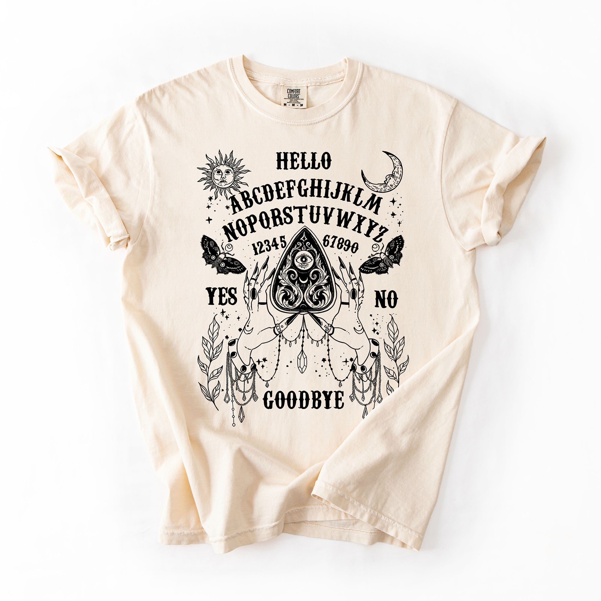 Ouija Board Spooky Tarot Halloween Witch Moonlight Seance Mystic Symbols Night Sky Hauntings Comfort Colors Tee