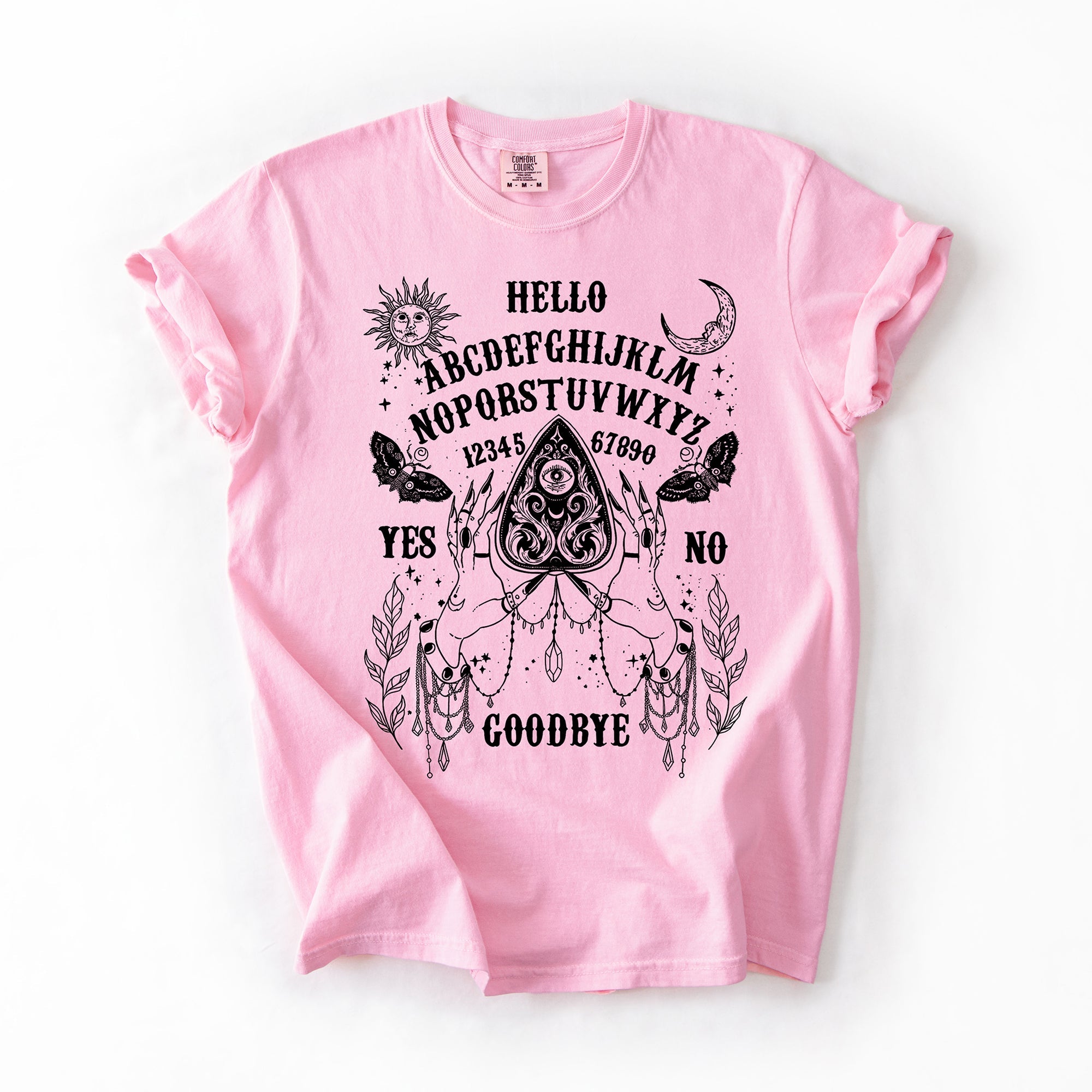 Ouija Board Spooky Tarot Halloween Witch Moonlight Seance Mystic Symbols Night Sky Hauntings Comfort Colors Tee