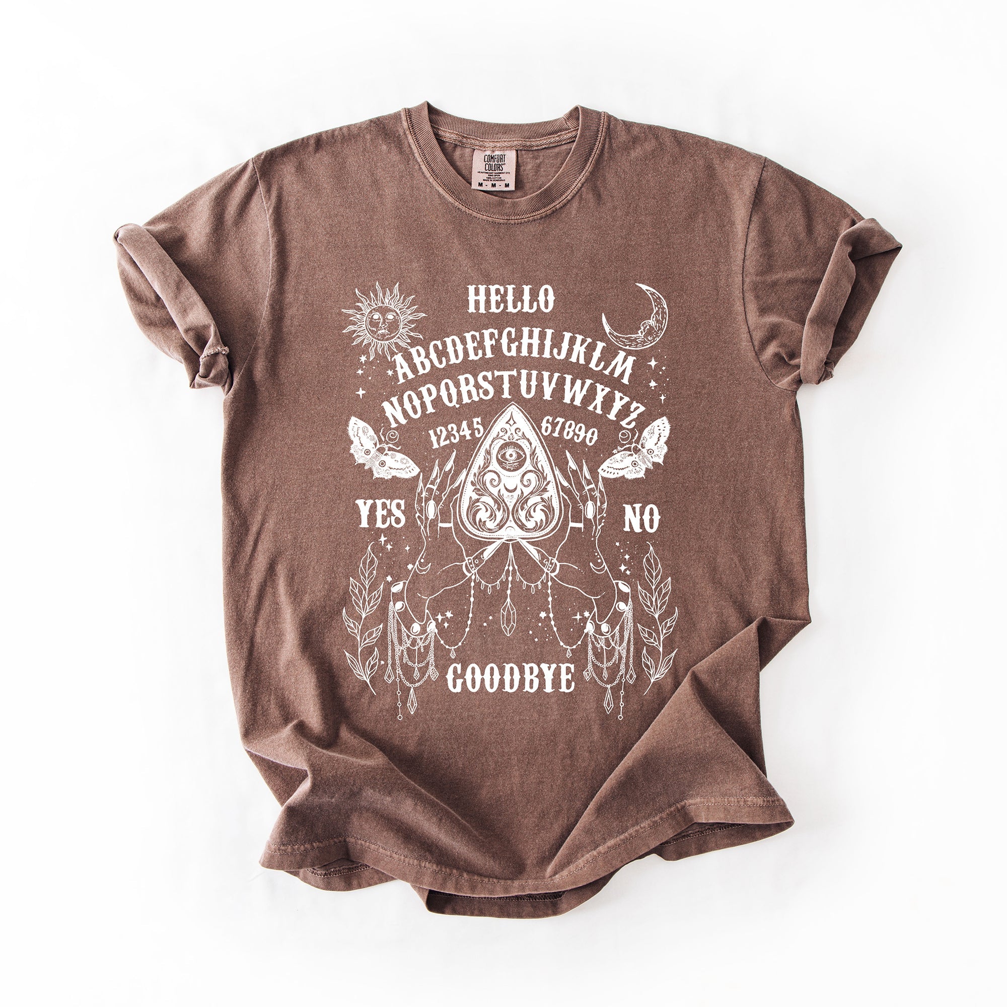 Ouija Board Spooky Tarot Halloween Witch Moonlight Seance Mystic Symbols Night Sky Hauntings Comfort Colors Tee