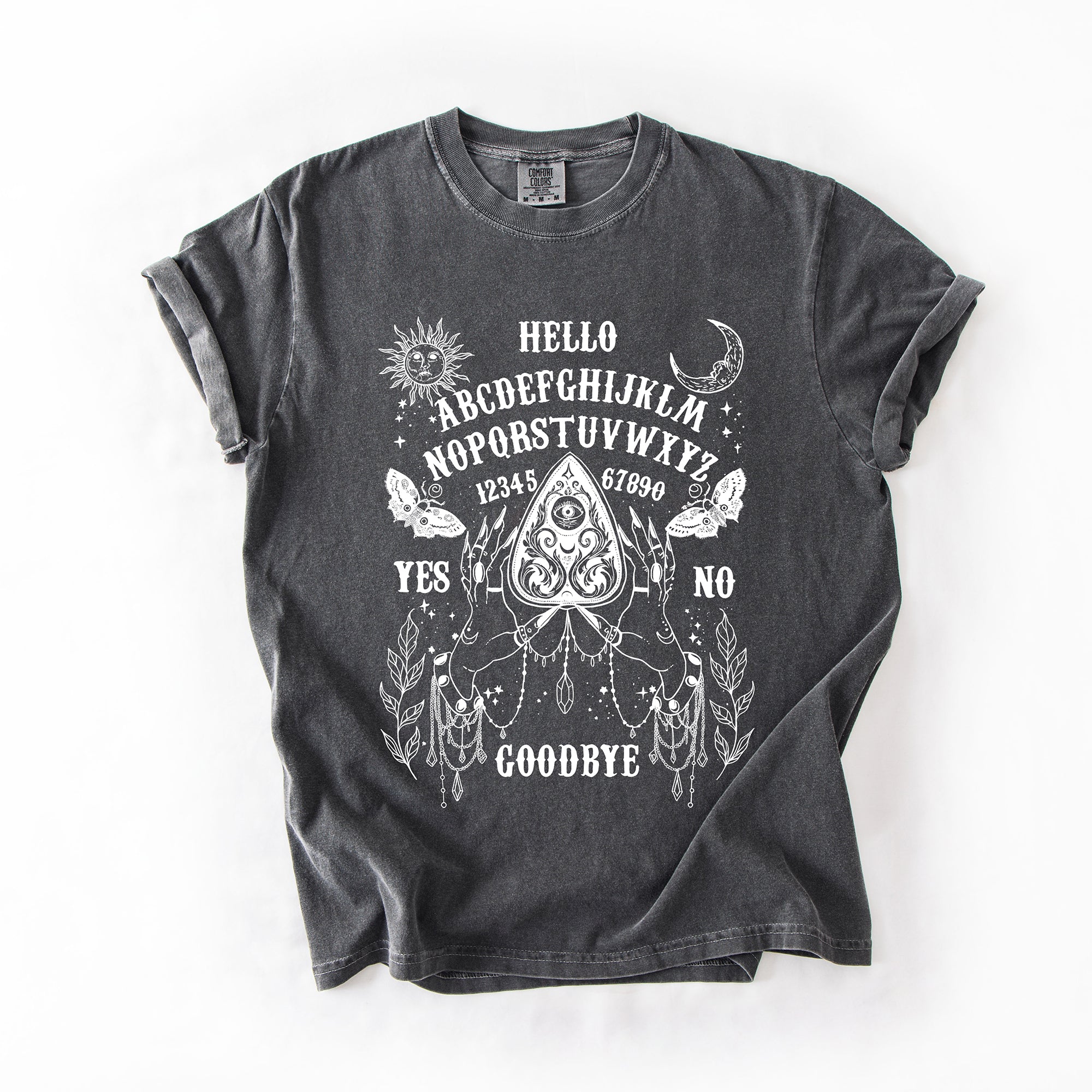Ouija Board Spooky Tarot Halloween Witch Moonlight Seance Mystic Symbols Night Sky Hauntings Comfort Colors Tee