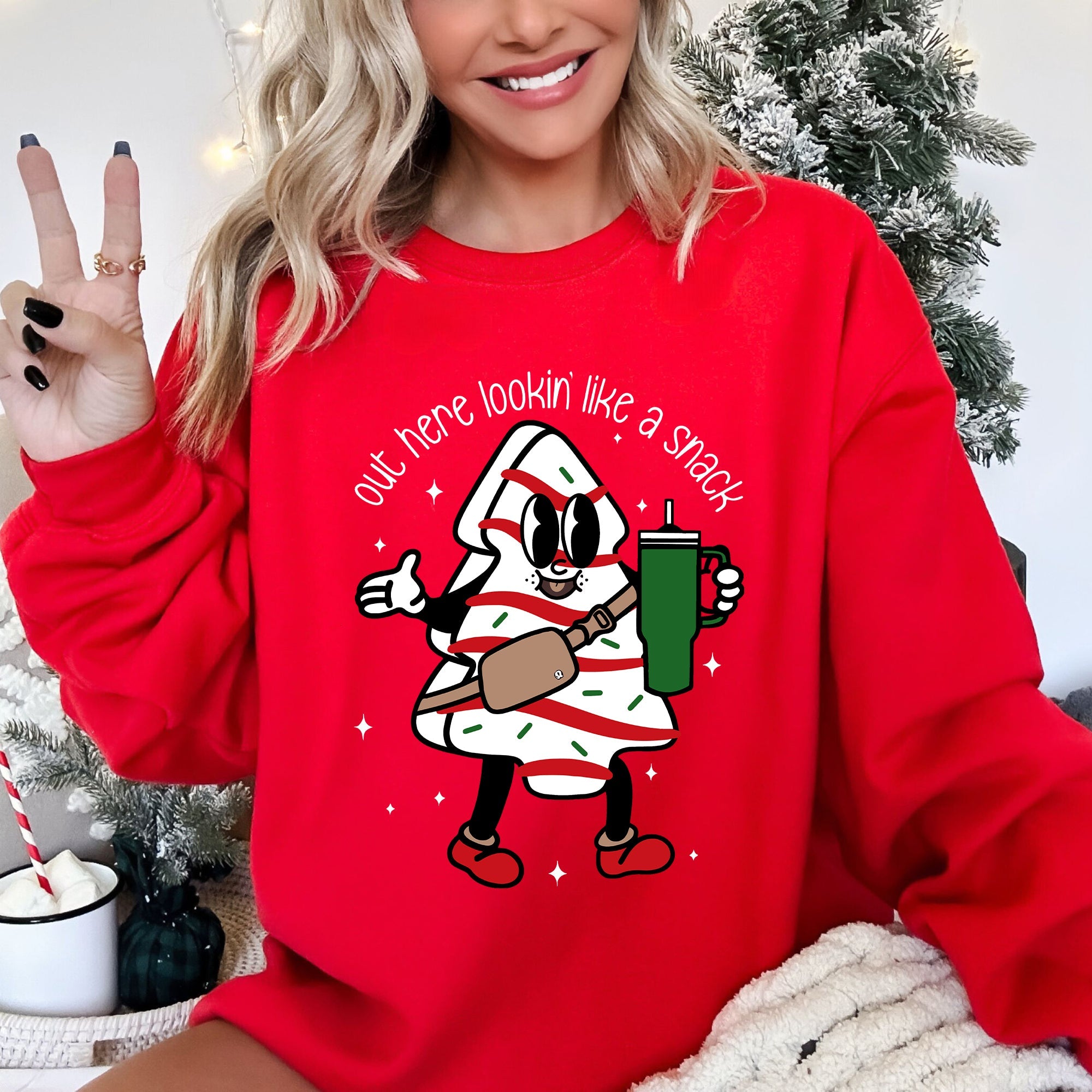 Out Here Looking Like A Snack Christmas Cake Santa Xmas Holiday Festive Cozy Sweatshirt