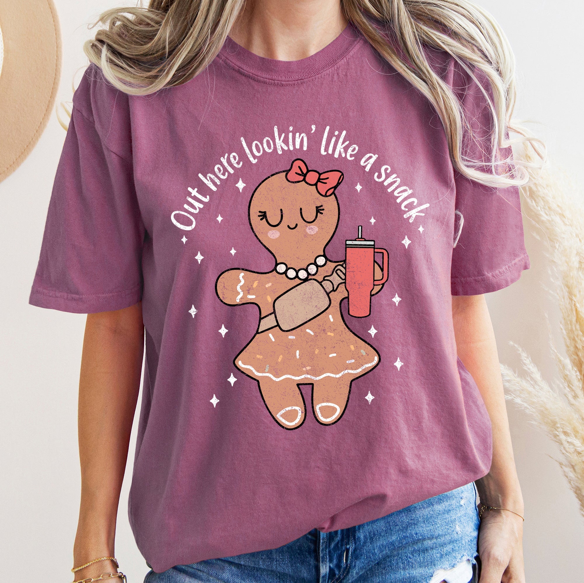 Out Here Looking Like A Snack Gingerbread Girl Stanley Christmas Comfort Colors Tee