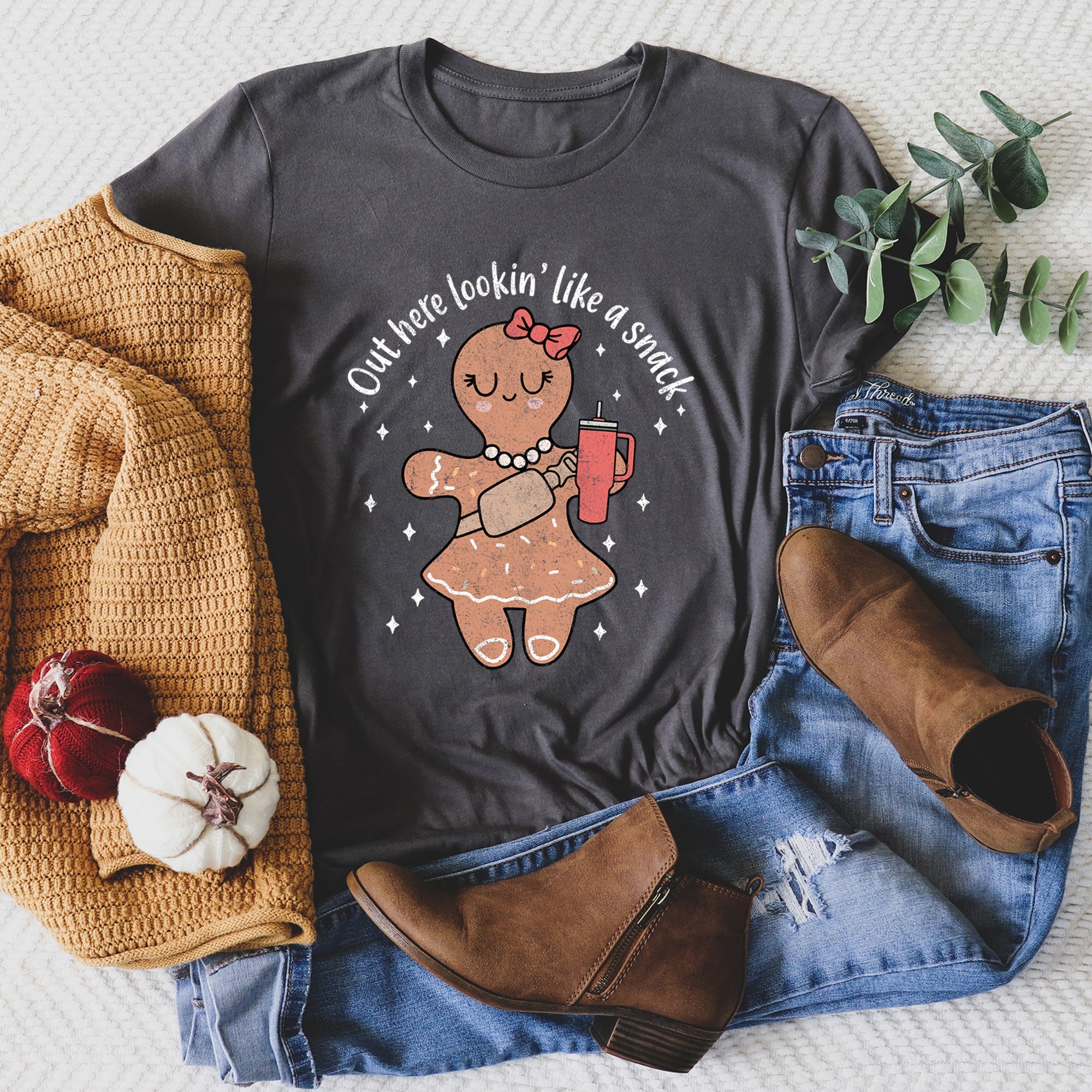 Out Here Looking Like A Snack Gingerbread Girl Stanley Christmas Gingerbread Cookie Aesthetic Holiday Graphic Tee