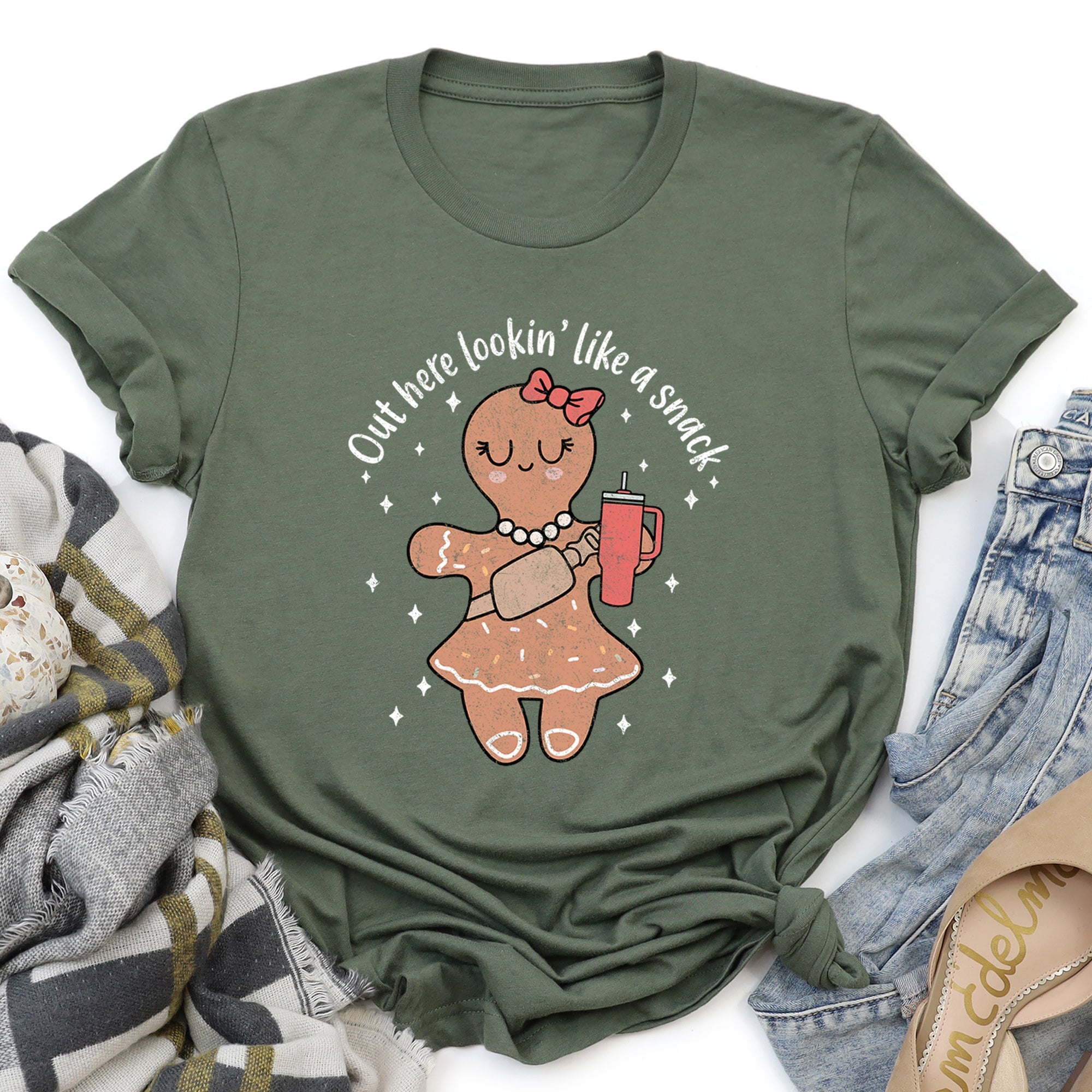 Out Here Looking Like A Snack Gingerbread Girl Stanley Christmas Gingerbread Cookie Aesthetic Holiday Graphic Tee
