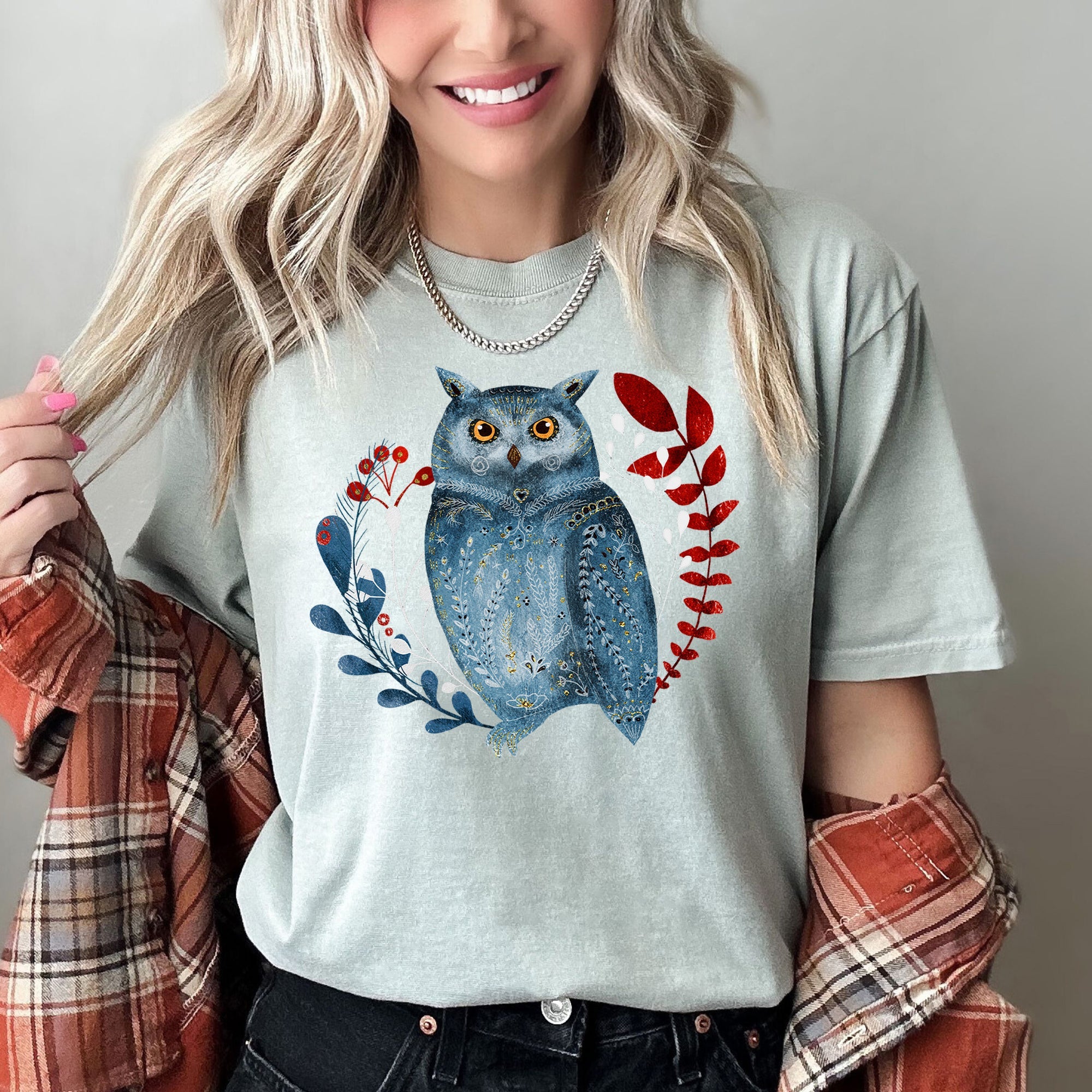 Owl Folk Art Scandinavian Winter Christmas Illustration Vintage Inspired Comfort Colors Tee