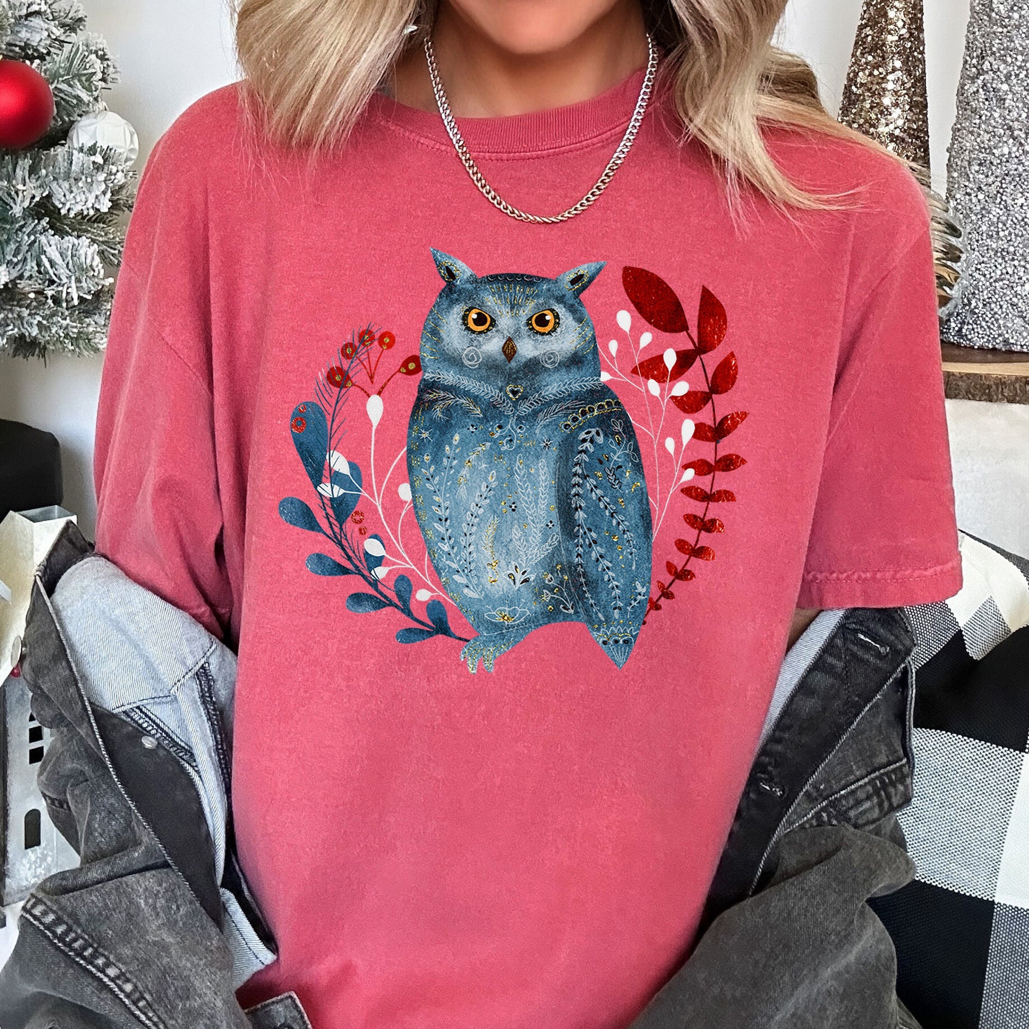 Owl Folk Art Scandinavian Winter Christmas Illustration Vintage Inspired Comfort Colors Tee