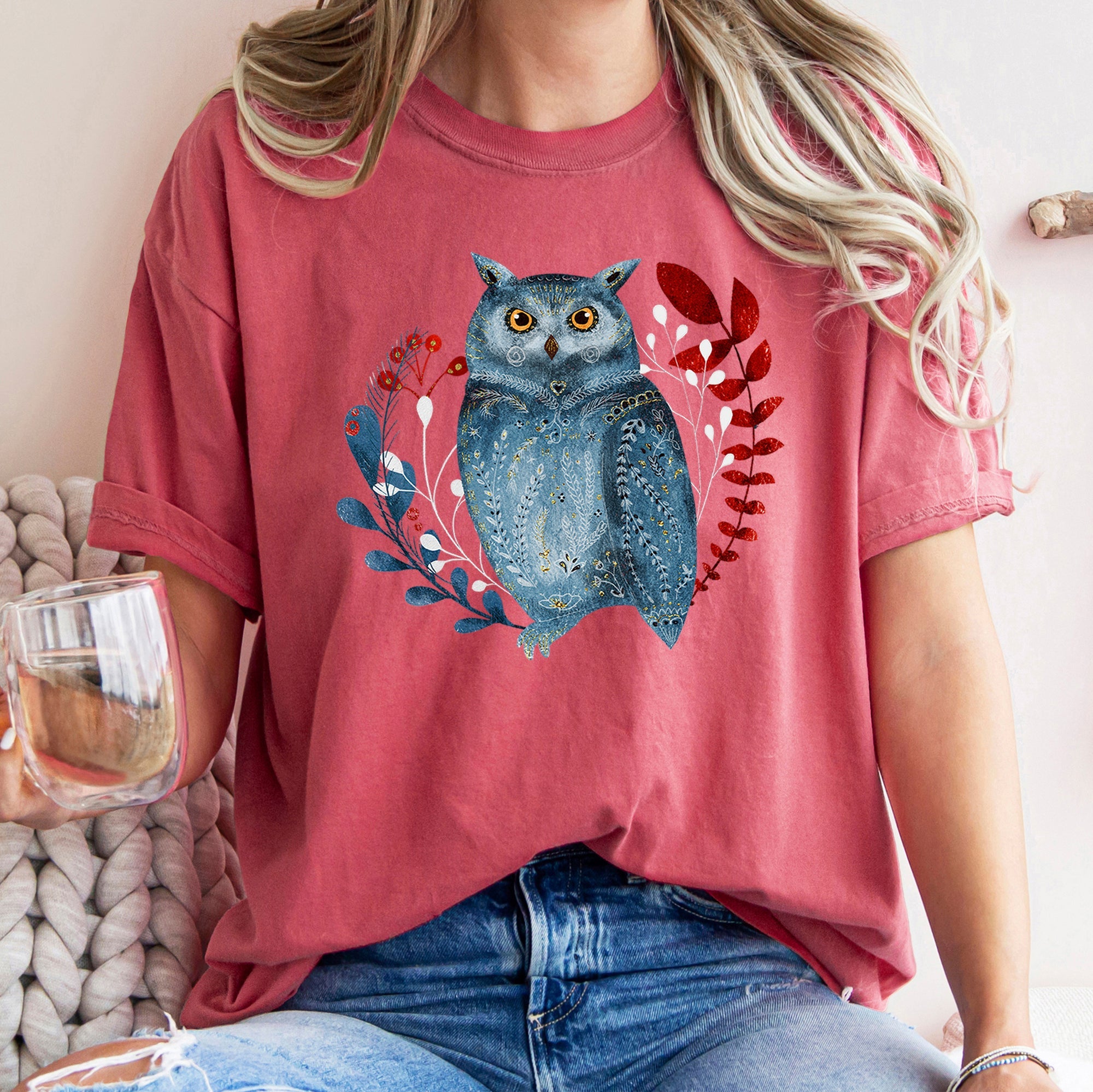 Owl Folk Art Scandinavian Winter Christmas Illustration Vintage Inspired Comfort Colors Tee