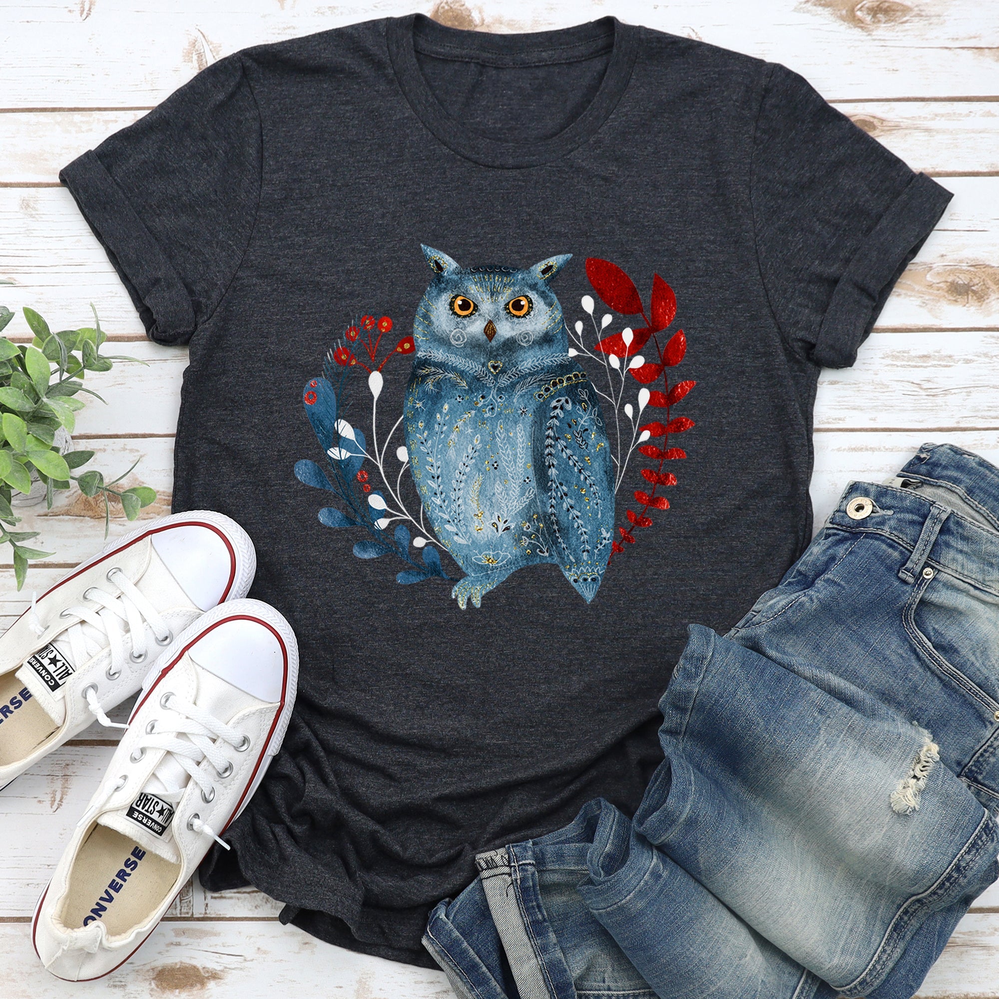 Owl Folk Art Scandinavian Winter Christmas Ornaments Scene Cozy Vintage Graphic Tee