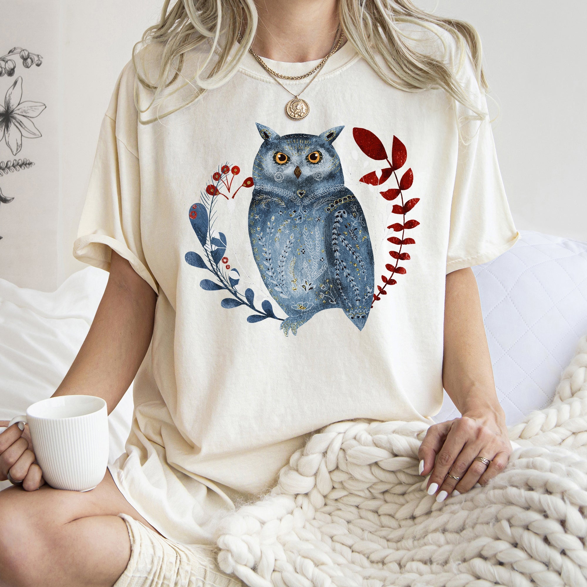 Owl Folk Art Scandinavian Winter Christmas Illustration Vintage Inspired Comfort Colors Tee