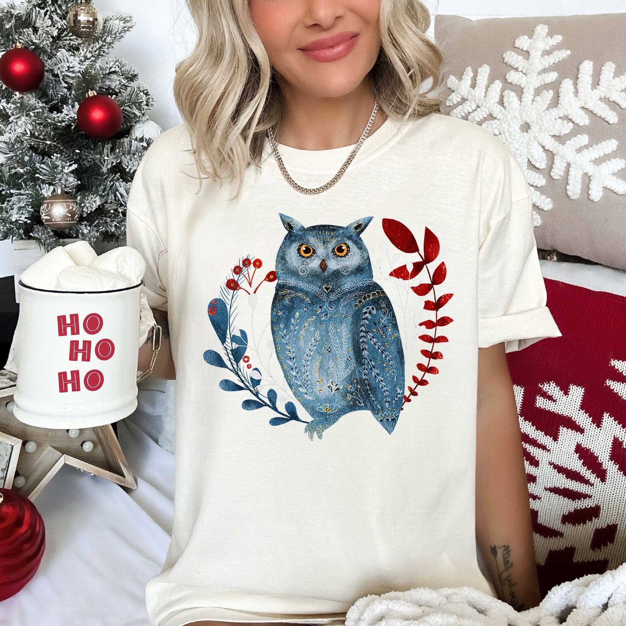 Owl Folk Art Scandinavian Winter Christmas Illustration Vintage Inspired Comfort Colors Tee