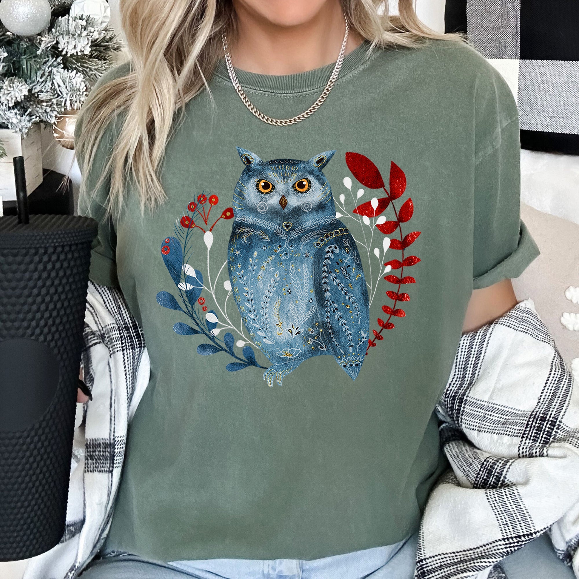 Owl Folk Art Scandinavian Winter Christmas Illustration Vintage Inspired Comfort Colors Tee