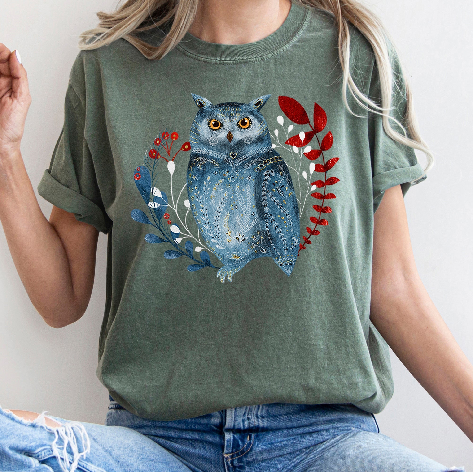 Owl Folk Art Scandinavian Winter Christmas Illustration Vintage Inspired Comfort Colors Tee