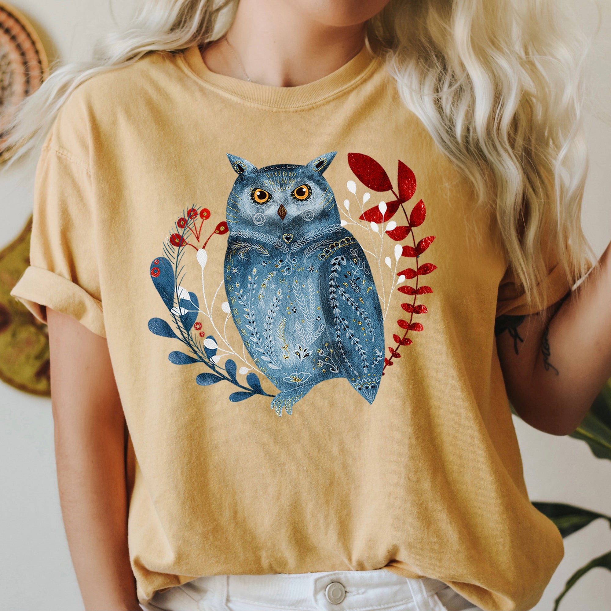 Owl Folk Art Scandinavian Winter Christmas Illustration Vintage Inspired Comfort Colors Tee