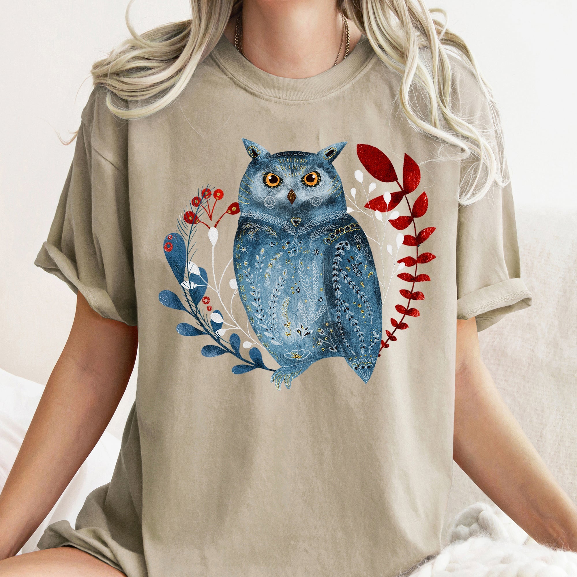 Owl Folk Art Scandinavian Winter Christmas Illustration Vintage Inspired Comfort Colors Tee