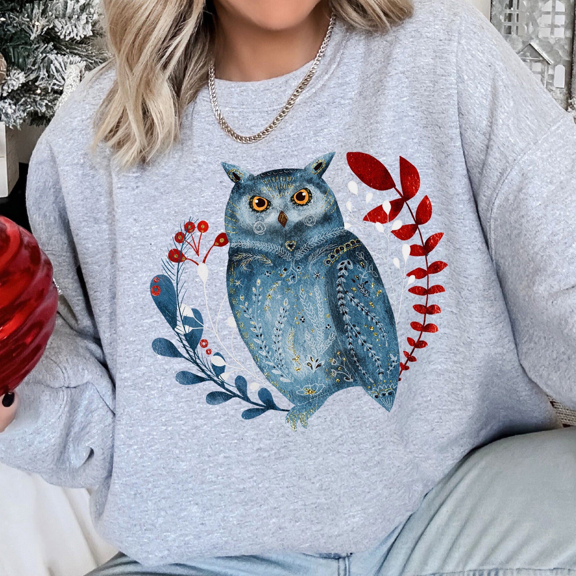 Owl Folk Art Scandinavian Inspired Winter Christmas Nordic Owl Design Sweatshirt