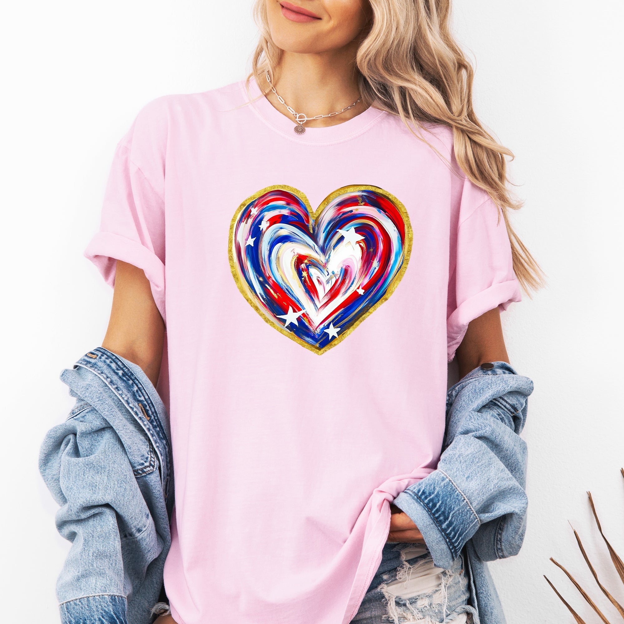 Painted Patriotic Heart USA Stars Vintage Distressed Graphic Design Comfort Colors Tee
