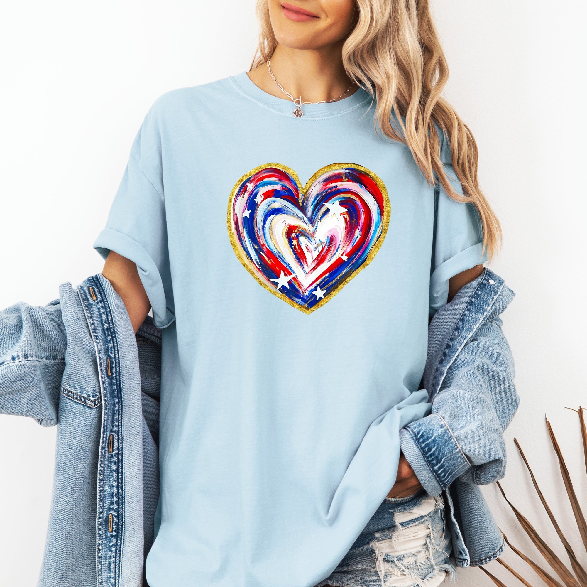 Painted Patriotic Heart USA Stars Vintage Distressed Graphic Design Comfort Colors Tee