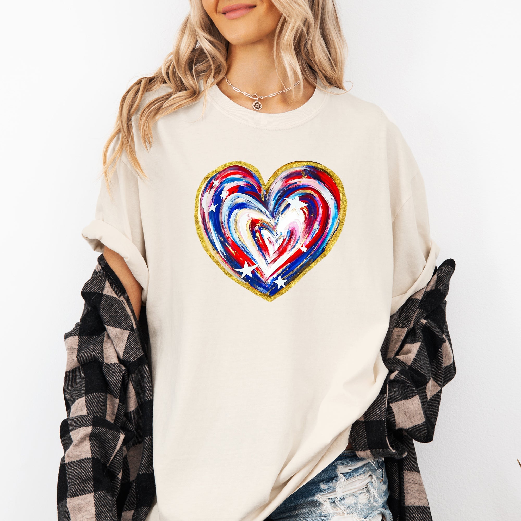 Painted Patriotic Heart USA Stars Vintage Distressed Graphic Design Comfort Colors Tee