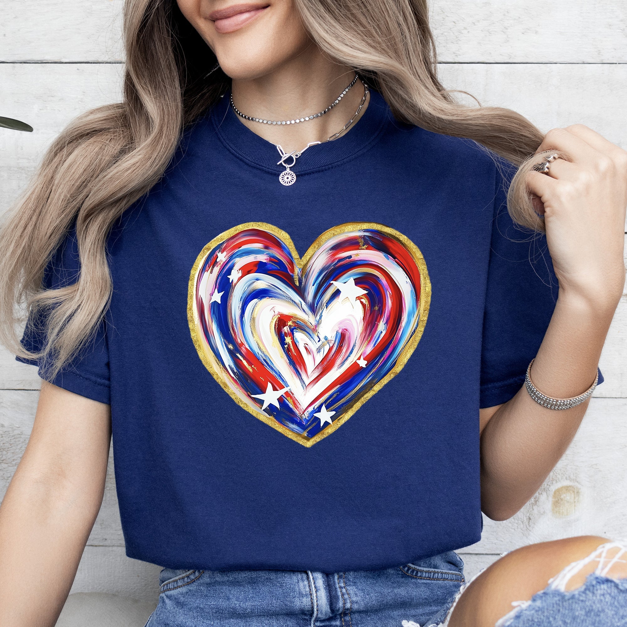 Painted Patriotic Heart USA Stars Vintage Distressed Graphic Design Comfort Colors Tee