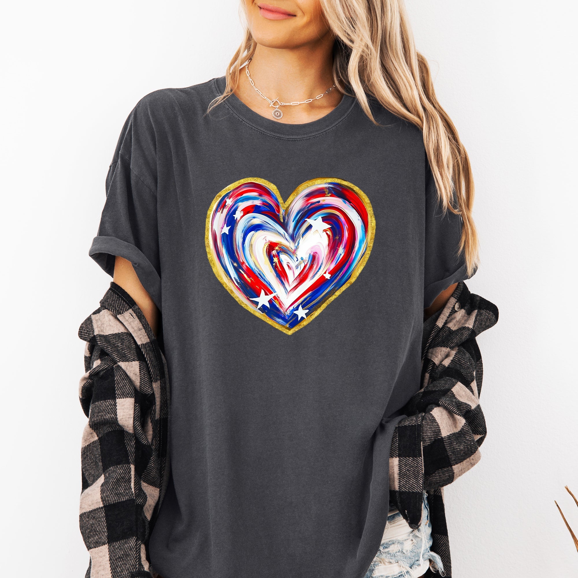 Painted Patriotic Heart USA Stars Vintage Distressed Graphic Design Comfort Colors Tee