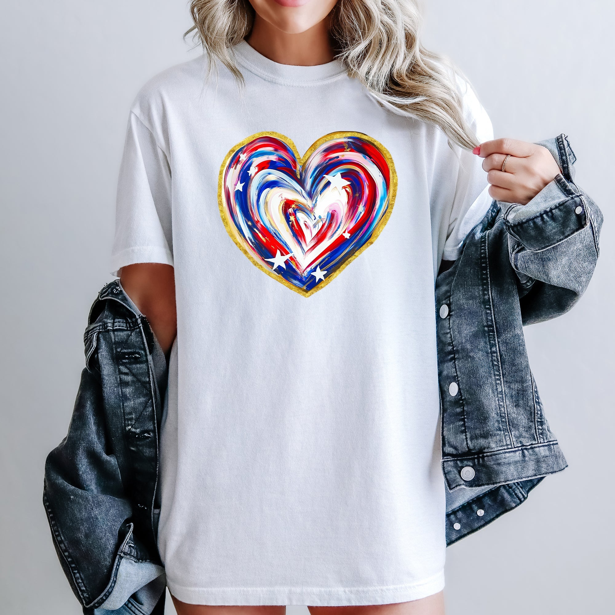 Painted Patriotic Heart USA Stars Vintage Distressed Graphic Design Comfort Colors Tee