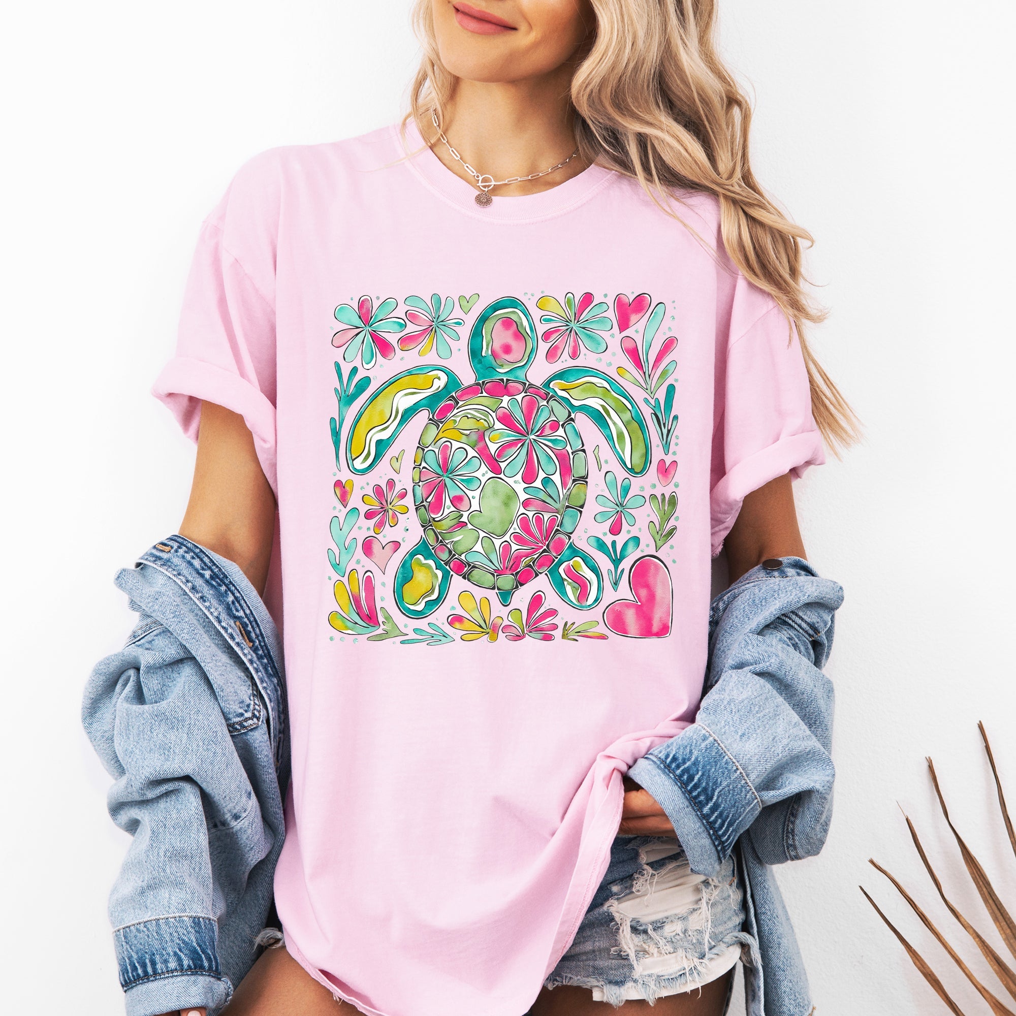 Painted Sea Turtle Ocean Beach Scene Illustration With Coral Reef Accents Comfort Colors Tee