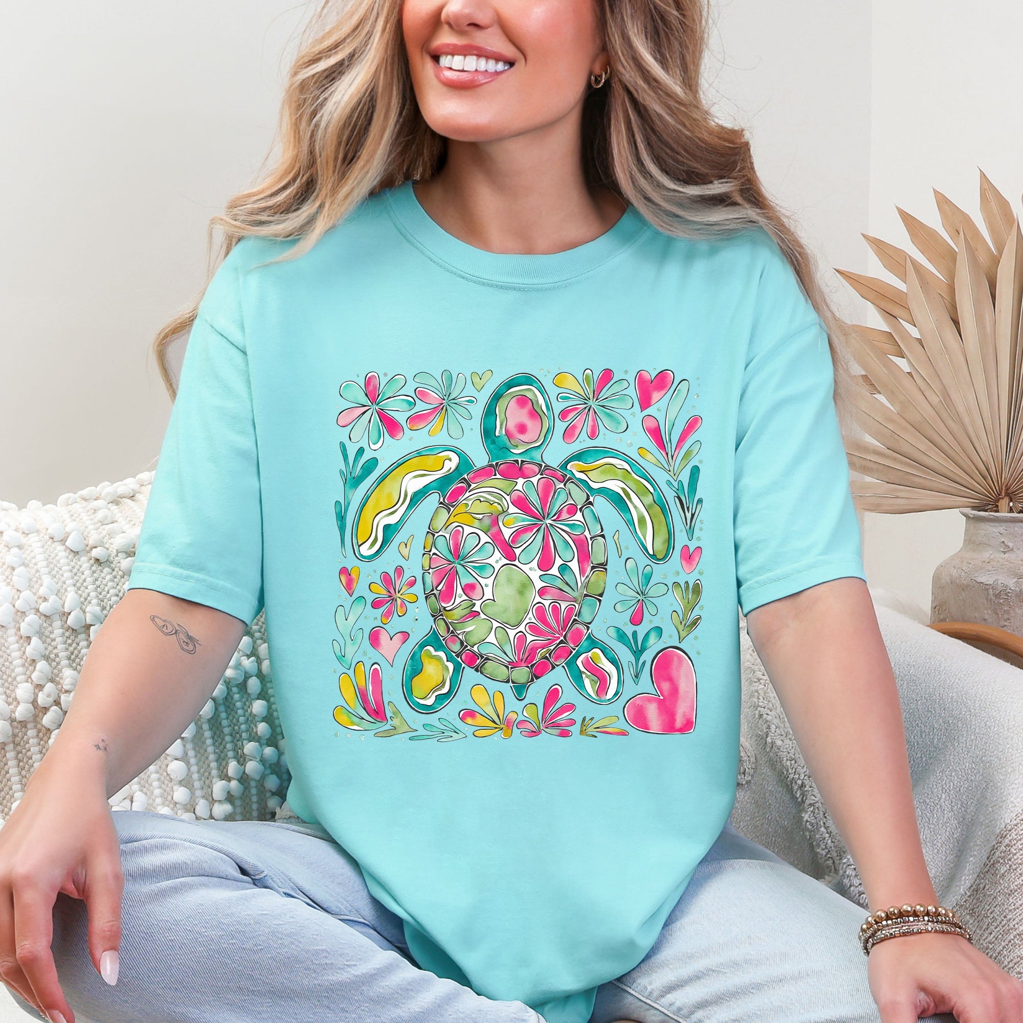 Painted Sea Turtle Ocean Beach Scene Illustration With Coral Reef Accents Comfort Colors Tee