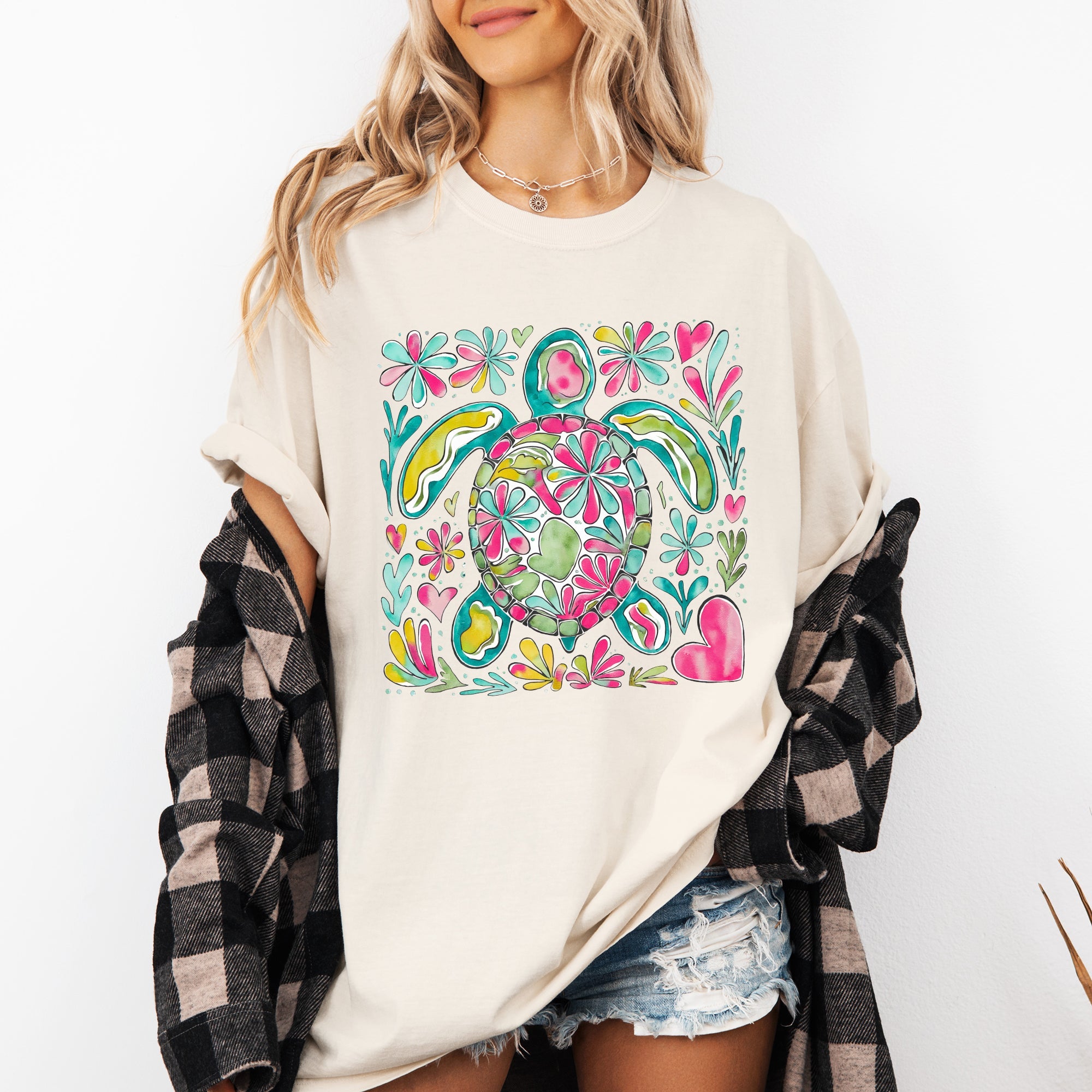 Painted Sea Turtle Ocean Beach Scene Illustration With Coral Reef Accents Comfort Colors Tee