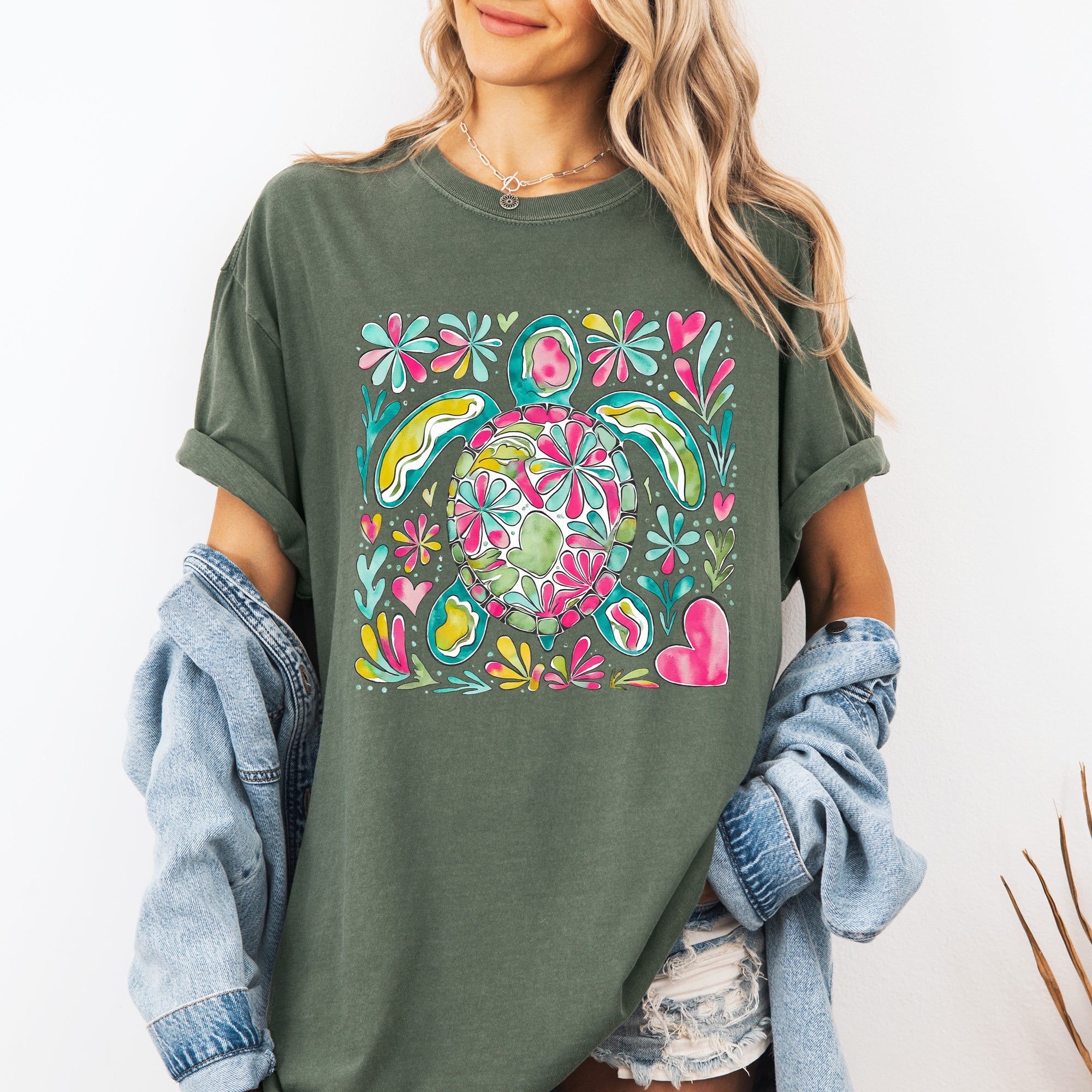 Painted Sea Turtle Ocean Beach Scene Illustration With Coral Reef Accents Comfort Colors Tee