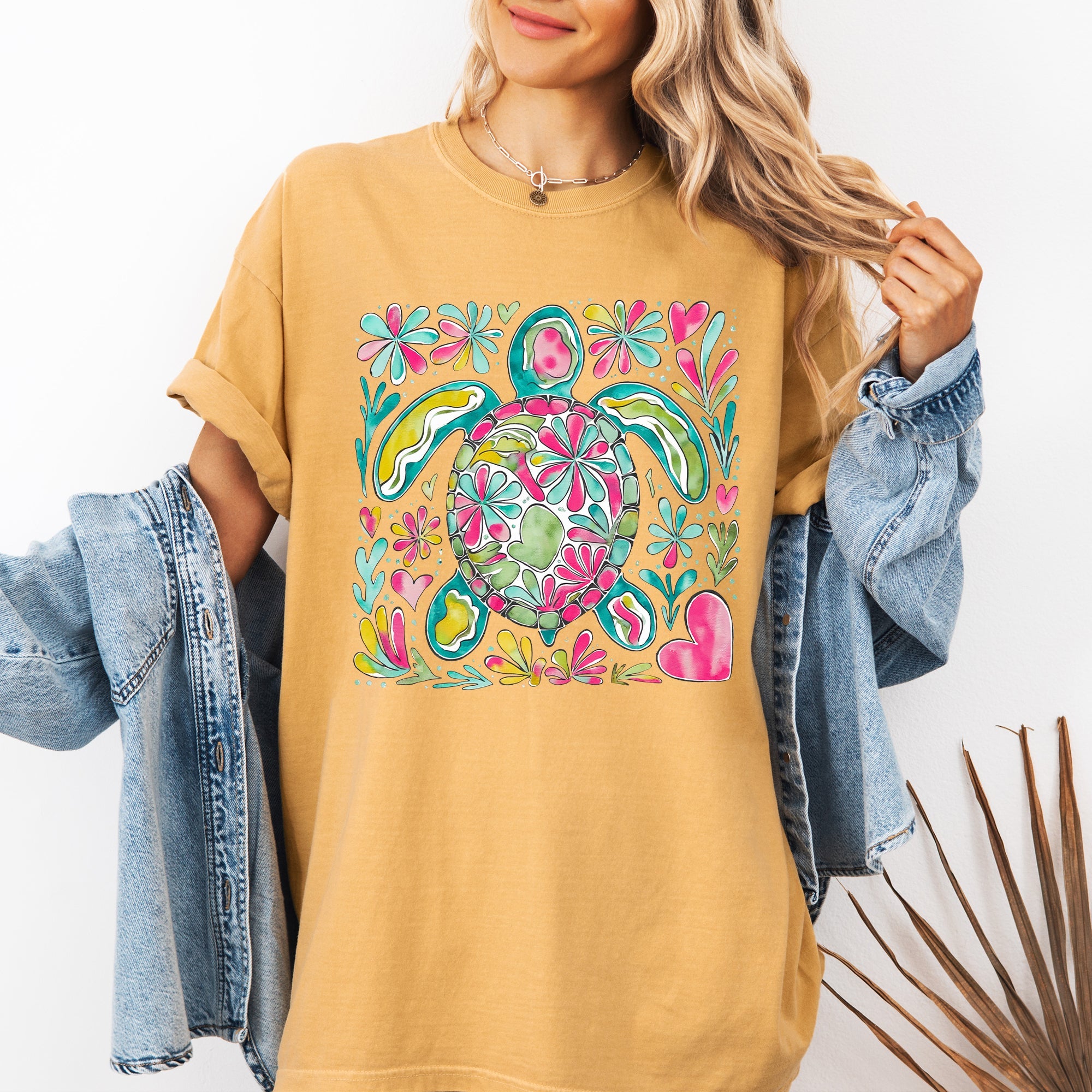 Painted Sea Turtle Ocean Beach Scene Illustration With Coral Reef Accents Comfort Colors Tee